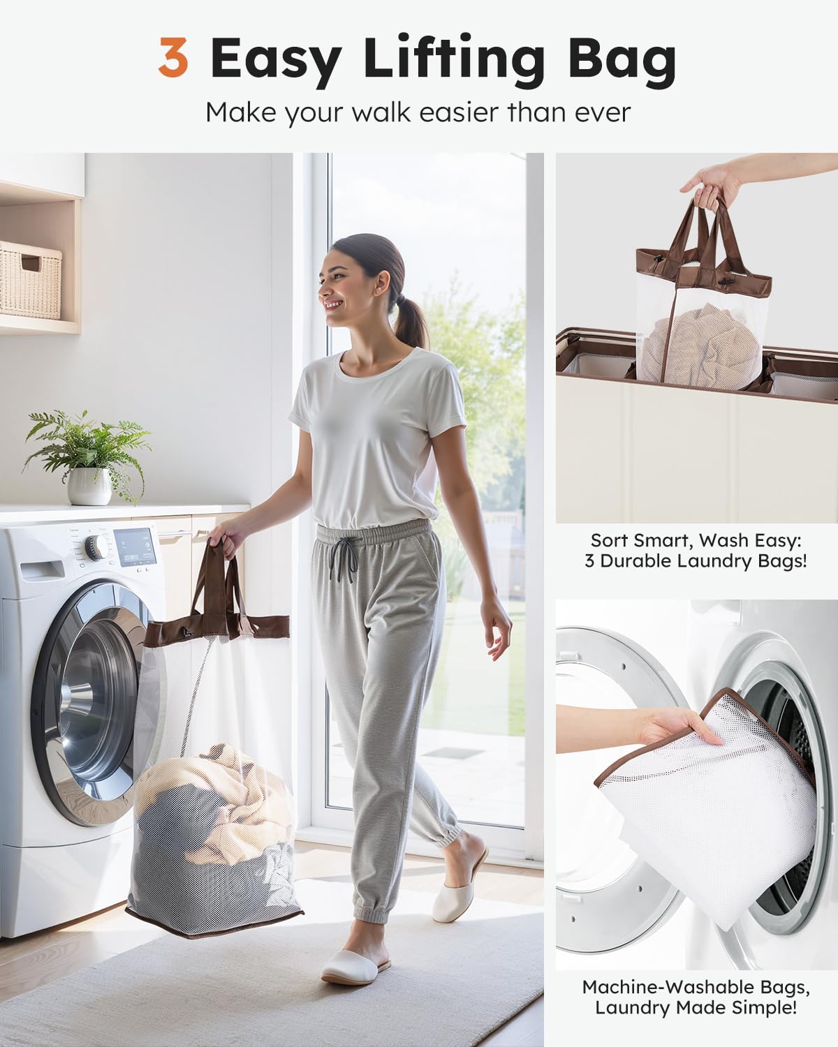 SOLEDI Laundry Basket 3 Compartment with lid and 3 Pcs Laundry Bag Large Hamper 180L, Laundry Basket Laundry sorter Clothes hamper for Laundryroom