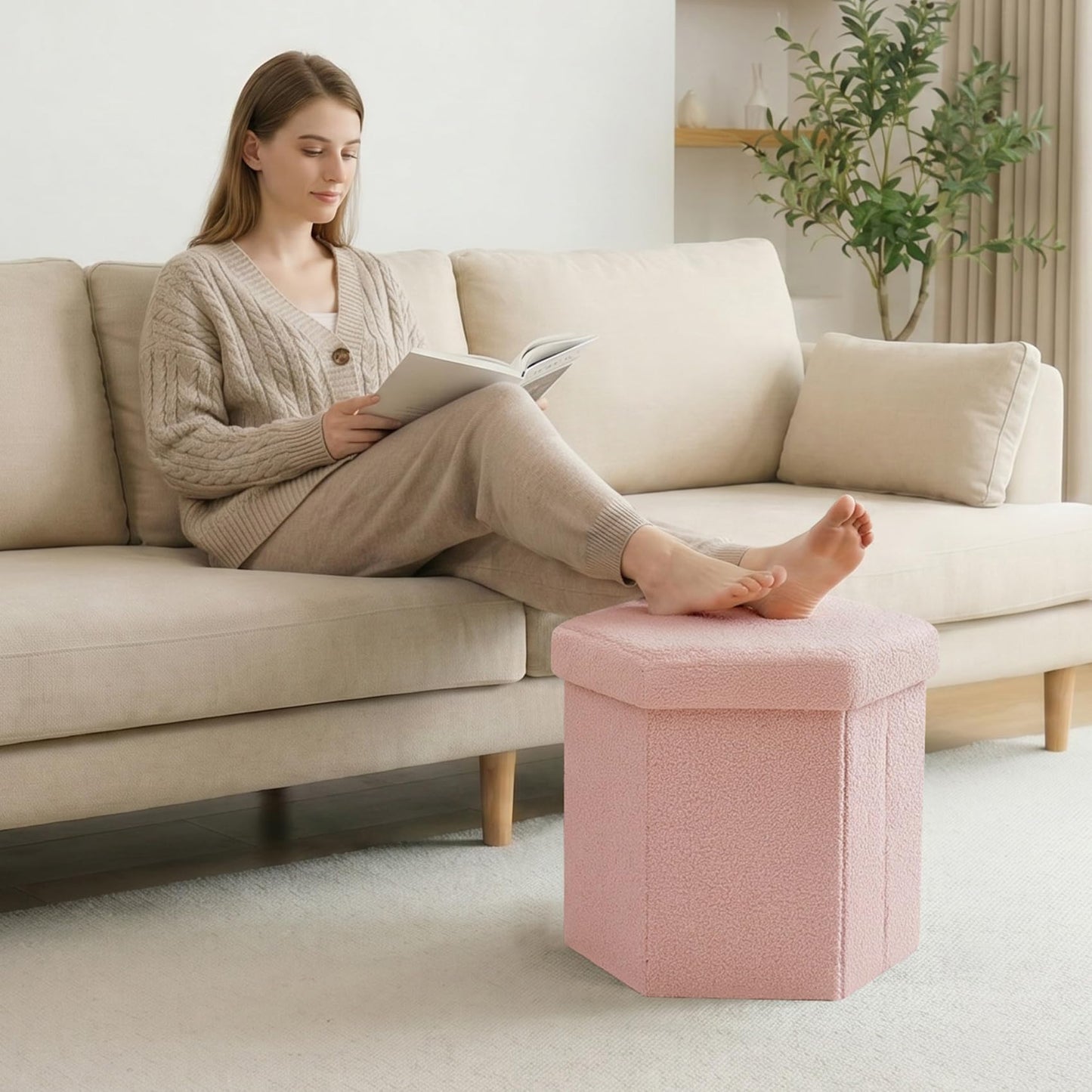 PINPLUS Boucle Ottoman Storage, Hexagonal Foldable Footrest, Pink