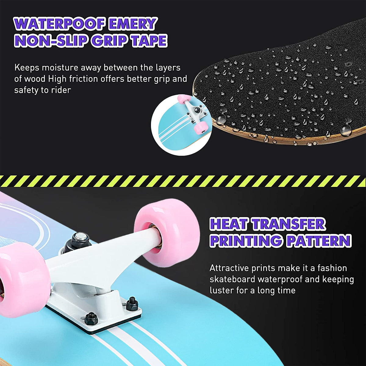 Skateboard,31 x 8 Inch Complete Skateboard, 8-Layer Maple Wood Deck Double Kick Standard Skateboards for Kids, Teens, Adult, Beginner (Pink)