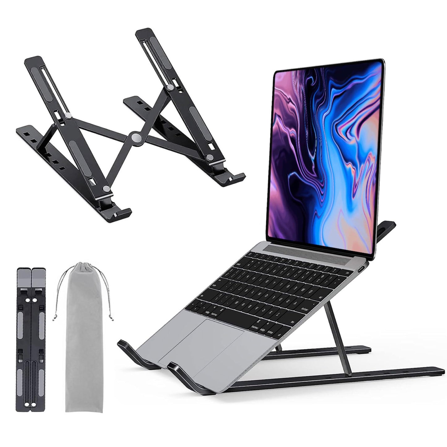 LAC FUTURE Laptop Stand for Desk, Black Aluminium – Adjustable Laptop Stand (7 Levels), Foldable & Portable, Holder Ventilated, Non-Slip