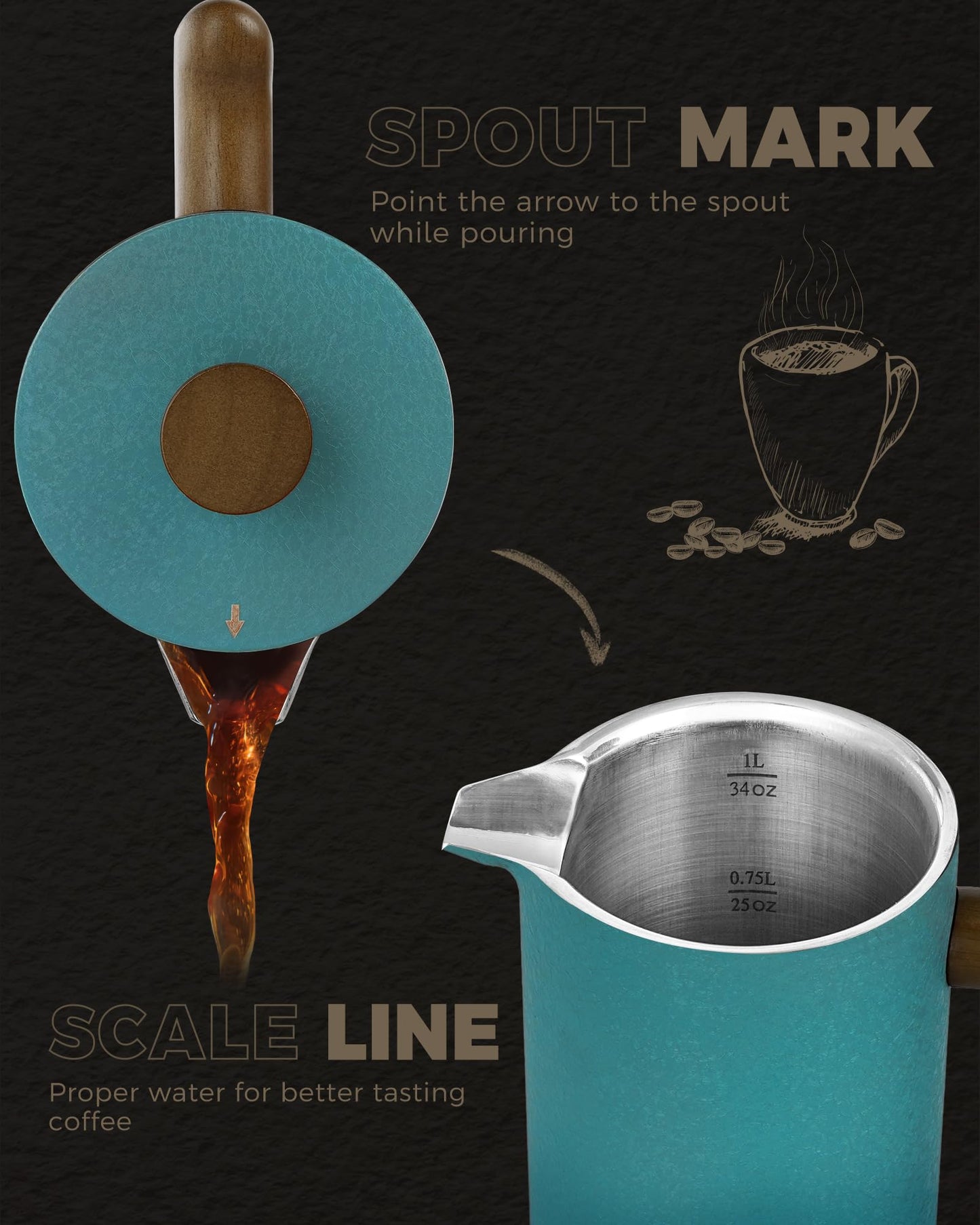 POLIVIAR Cafetiere 8 Cup, French Press Coffee Maker with Wood Handle, Double Walled Insulated Cafetiere &1 Extra Filter, Insulated 1L French Press for