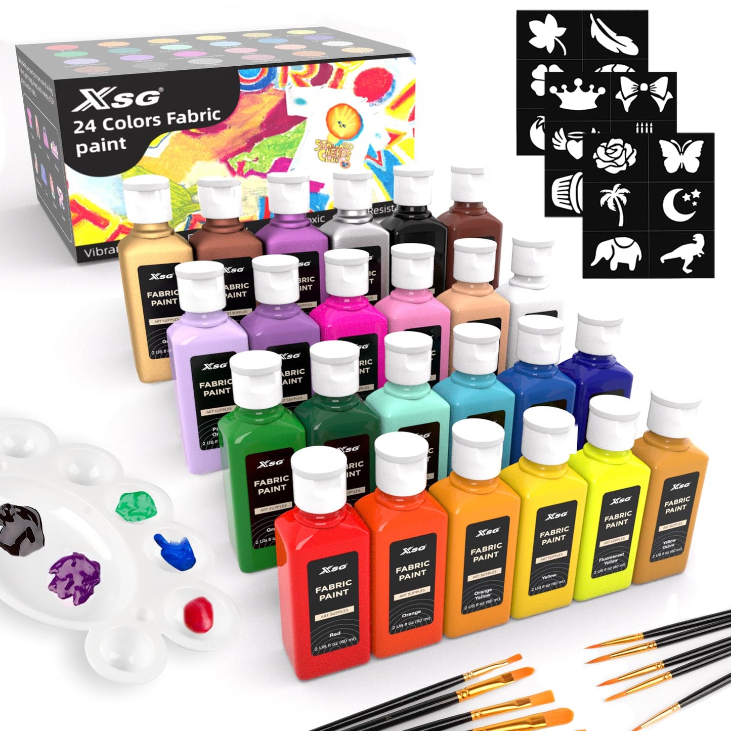 XSG Fabric Paint,24 Colours Permanent Textile Acrylic Paint for Clothes in Bottles with Brushes, Palette, Stencils, Non-Toxic Textile Paints for