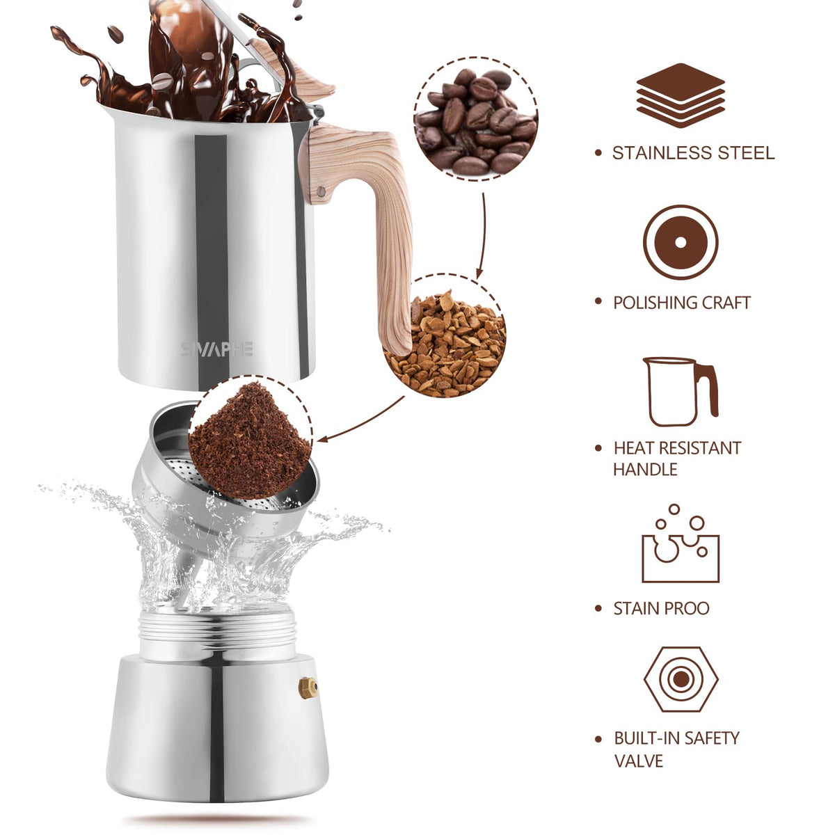 Sivaphe Stovetop Espresso Maker 450ml, Induction Hob Italian Coffee Percolator Maker Moka Pot Stainless Steel 9 Italian Cups 2-3 Mug for Home Camping
