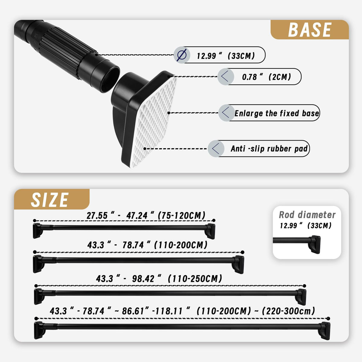 Telescopic Shower Curtain Rod, Steel Tension Pole, Extendable from 110-300cm, 33mm Diameter, No Drilling Installation, Supports up to 35kg, Perfect
