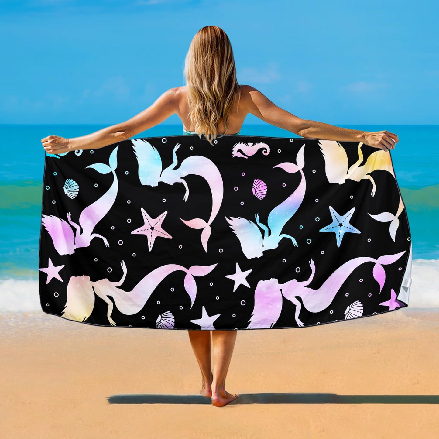 Violetpos Gradient Mermaid Silhouette Beach Towel, Extra Large 180x90 cm 250GSM Microfibre, Sand Free Quick Dry