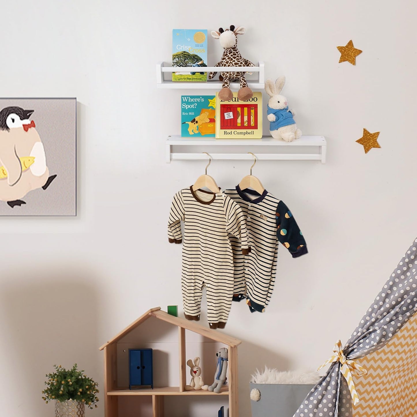 Gieanoo Nursery book shelf, Set of 2 White Floating Shelves Solid Natural Wood 80cm bookshelf kids room Wall Mounted baby floating book shelves decor