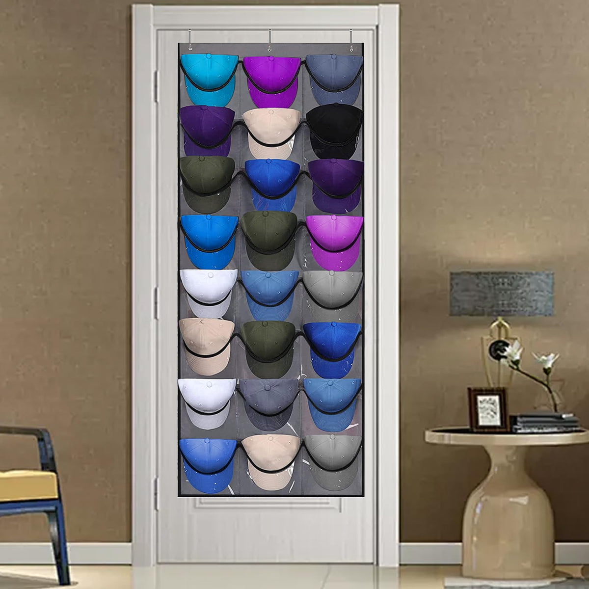 qimeyu Baseball Cap Storage,Baseball Cap Door Organizer,Cap Storage for Baseball Caps,Baseball Cap Rack with Large 24 Clear Deep Pockets,Cap Hanger