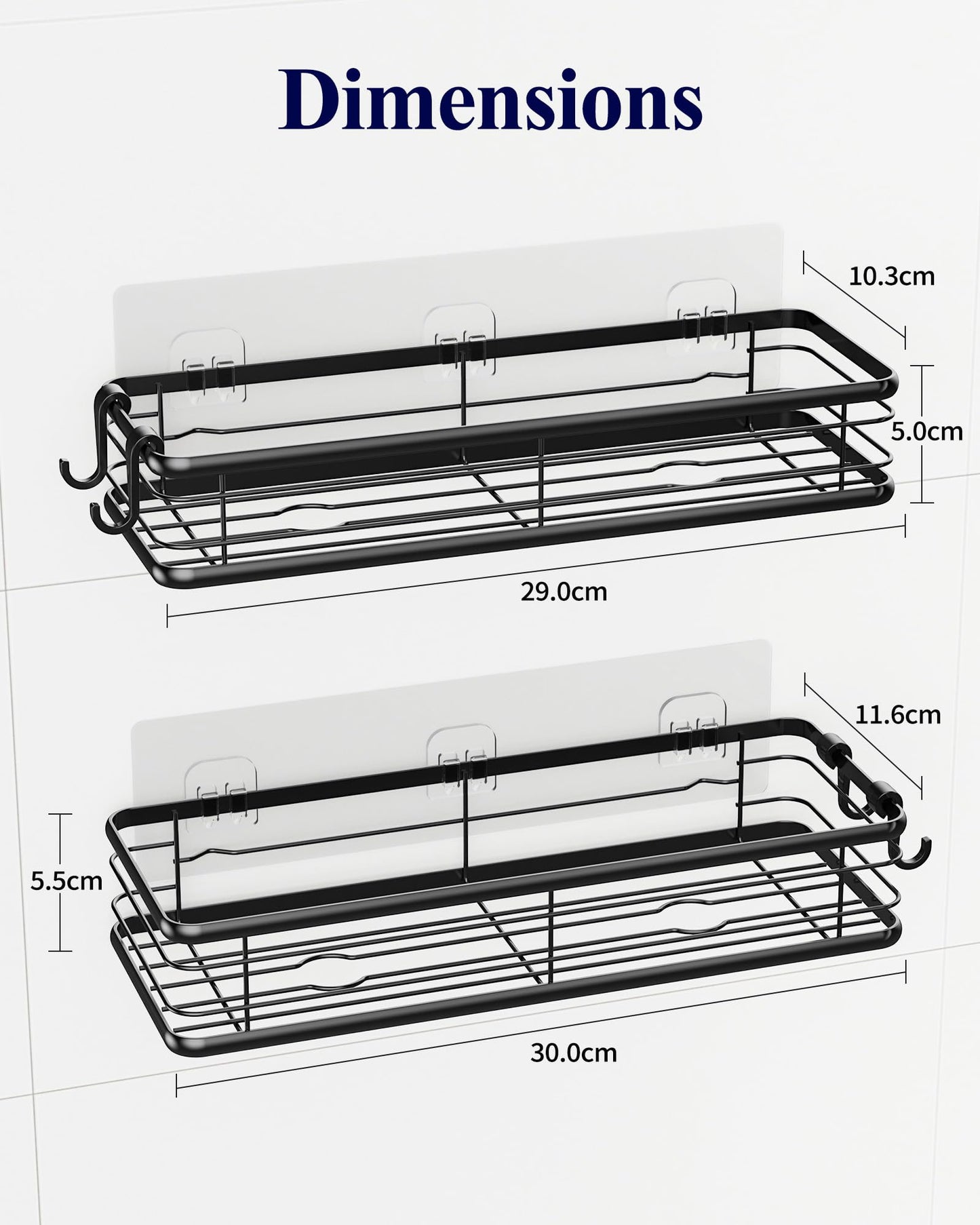 Kitsure Shower Caddy Adhesive, Space-Saving Shower Shelves, W30.0cm, Black