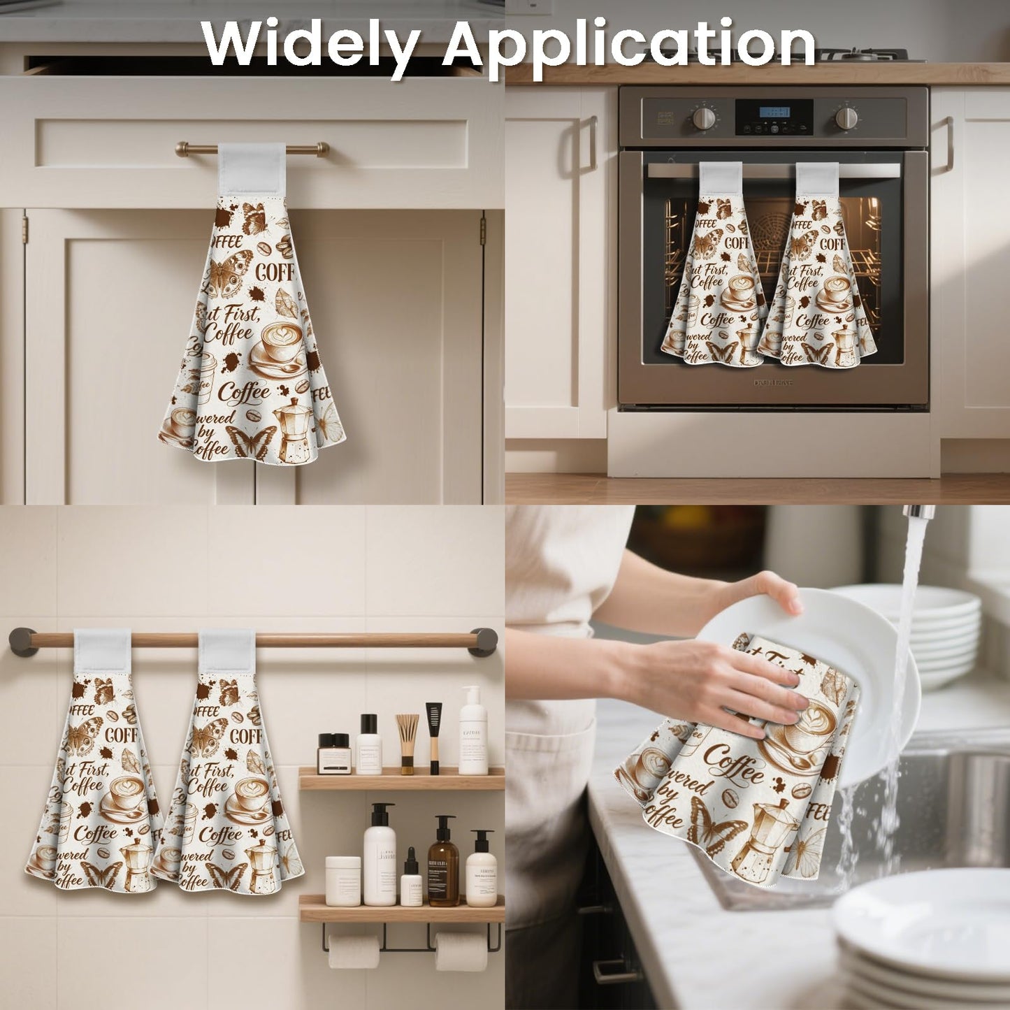 CUTHOLLOW 2 Pcs Brown Butterflies and Coffee Hanging Kitchen Towels with Loop