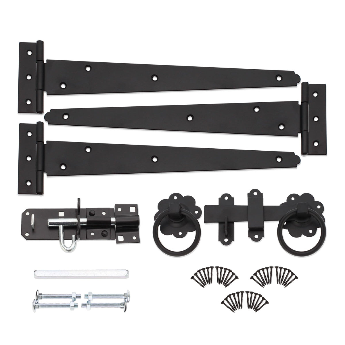Infinity Decor 12? Tee Hinges (3) Garden Gate kit Plain Ring Latch and Brenton Bolt Wooden Gate Fittings Kit Epoxy Black Finish for Outdoors Doors