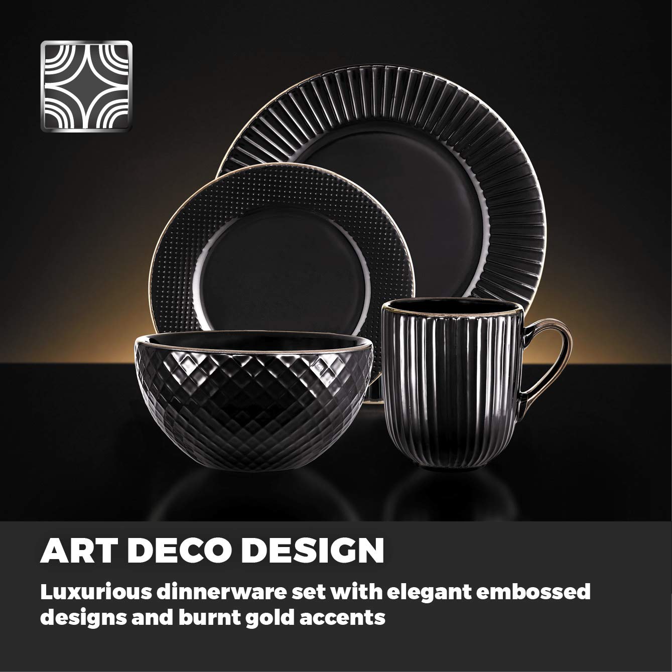 Tower T867002BLK Empire 16 Piece Dinnerware Set, Stoneware, Black and Brass