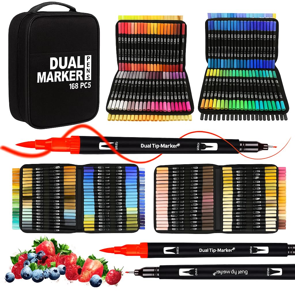 VAKKI 168 Dual Tip Colouring Pens, Felt Tip Brush Pens Drawing Pens Art Pens for Painting, Writing, Drawing and Sketching