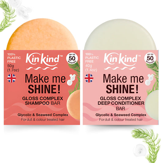 KinKind Glycolic Gloss Shampoo and Conditioner Bar Set. Make me SHINE! Glycolic Acid & Seaweed Shampoo Bar and Conditioner for Scalp Health & Restore