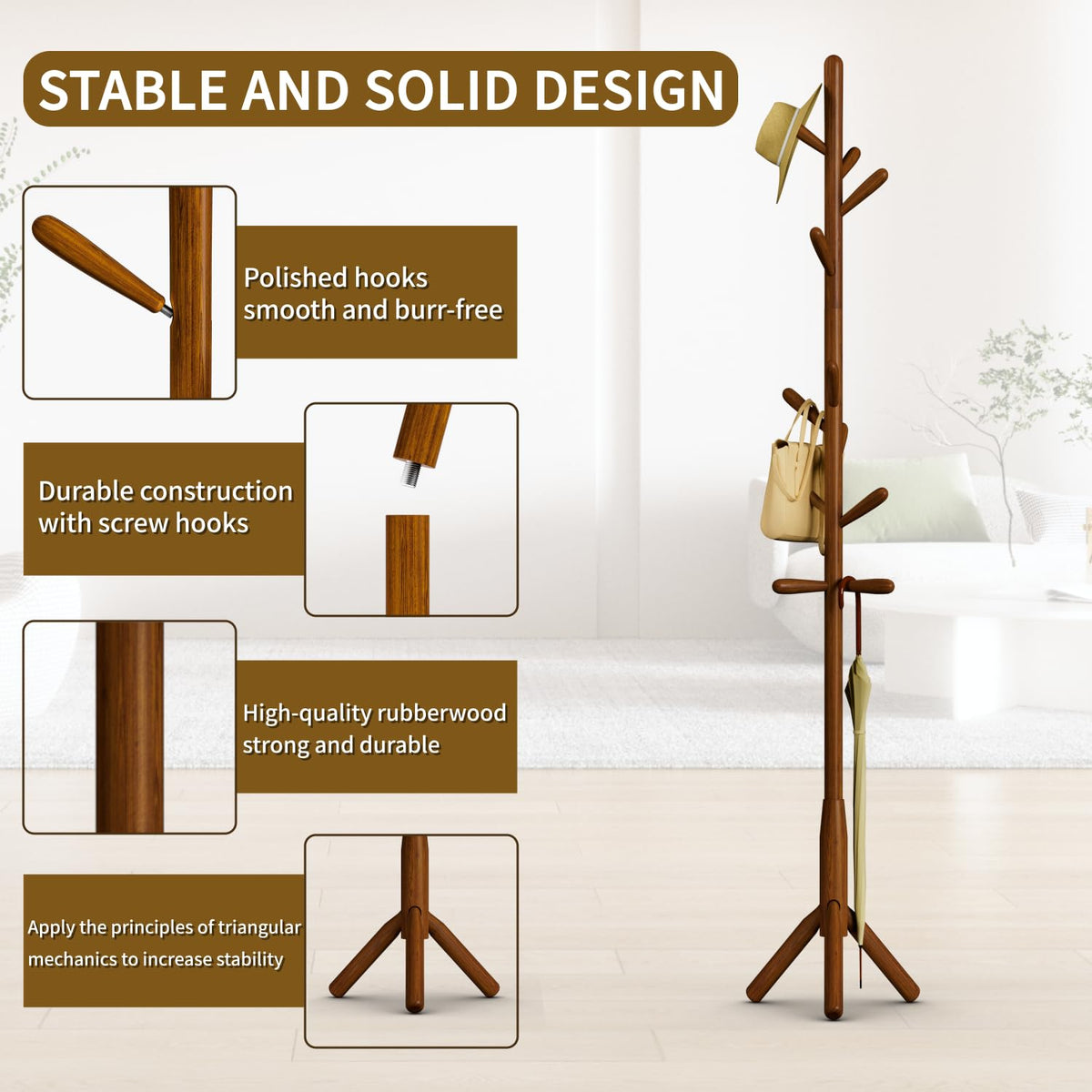 Awatiwa Solid Wood Coat Rack, Freestanding Tree-Shaped Coat Rack with 11 Hooks, Main Pole 1.6" dia for Clothes