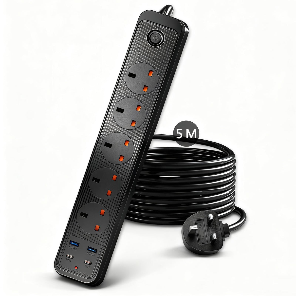 5M Extension Lead with USB Slots(2 Type C and 2 USB), Extra long extension lead 5m, Extension cable,Black extension lead 5m For Home Dorm Office