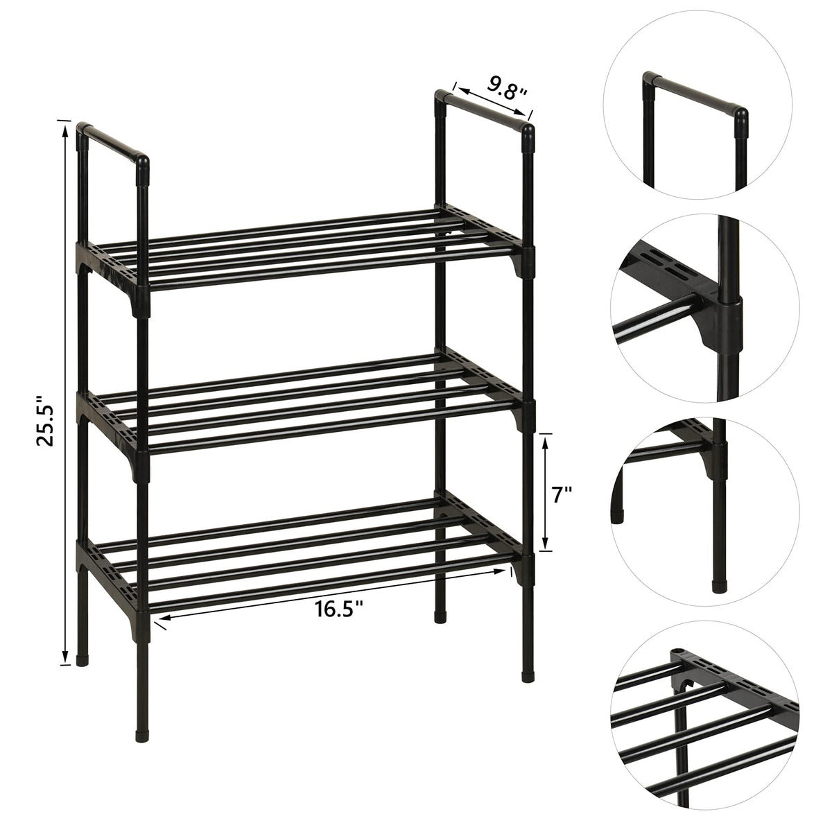 Ywinler 3 Tier Shoe Racks, Metal Shoe Storage Organiser Small Narrow Shoe Shelf Stackable for Hallway, Entryway, Living Room, 43 × 25 × 65cm, Black