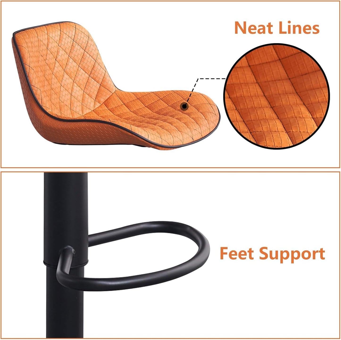 YOUTASTE Woven Bar stools Set of 2 Orange PU Leather Upholstered Barstools with High Back Modern Swivel Adjustable Tall Padded Bar Chairs for Kitchen