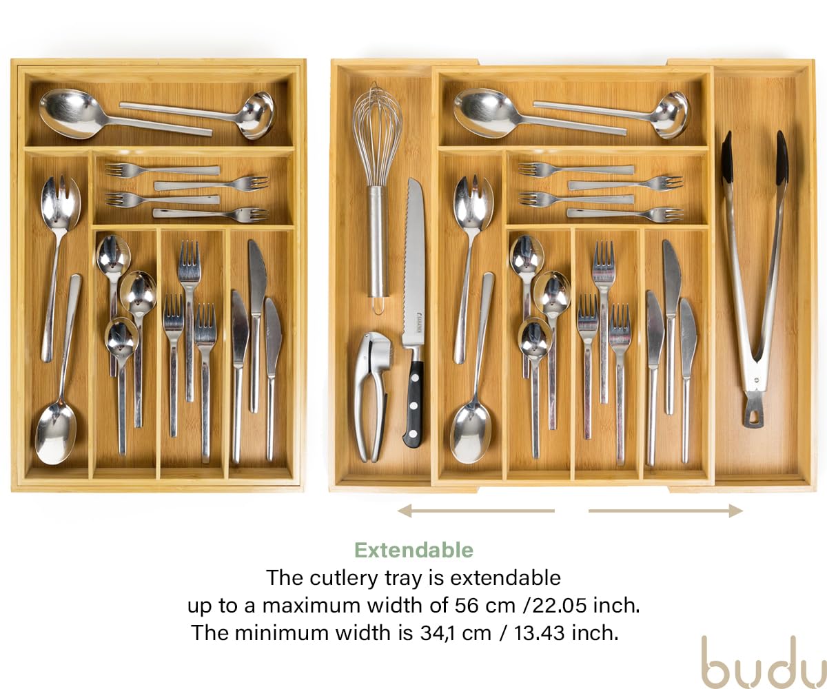 budu Cutlery Tray #50 (Depth 50 cm) Made of Bamboo - Drawer Organiser System for the Kitchen - Cutlery Tray for Bamboo Drawers - Extendable - Kitchen