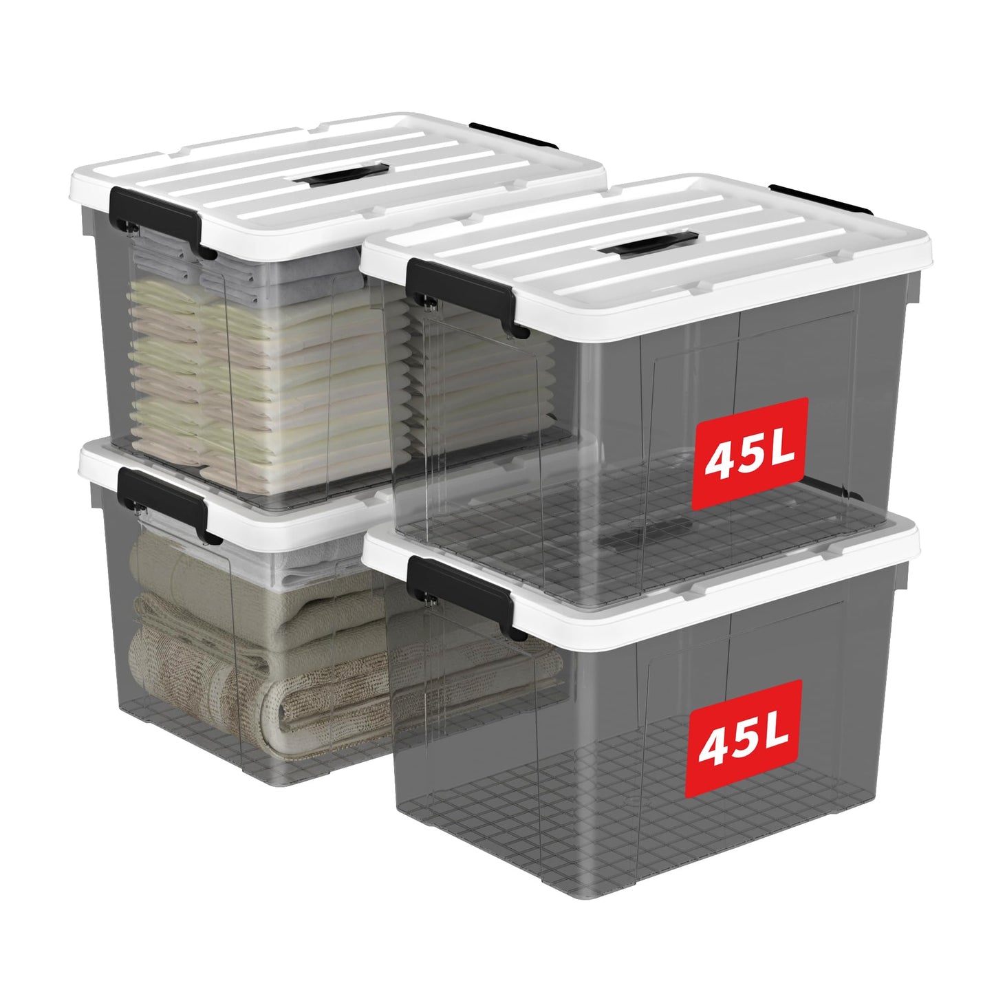 Cetomo 45L*4 Storage Boxes, Carry Plastic Storage Box with Lids, Organizing Container with Handle and Secure Latching Buckles, Stackable, Nestable