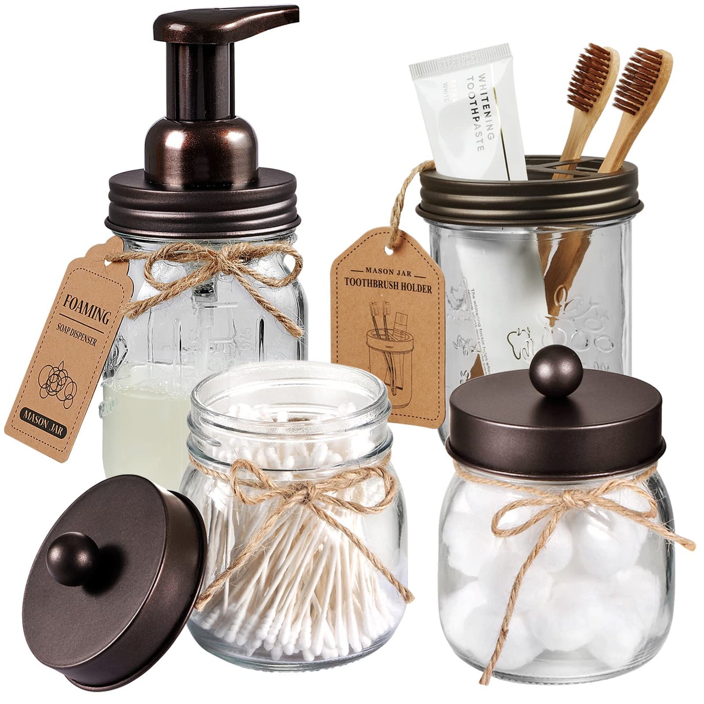 Mason Jar Bathroom Accessories Set 4 Pack - Foaming Soap Dispenser&2 Qtip Holders&Toothbrush Holder-Rustic Farmhouse Decor Bathroom Organizer