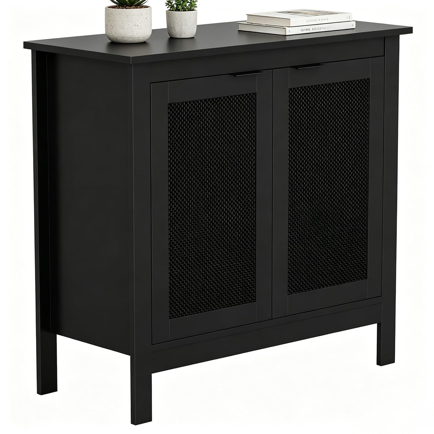 Yvsevnr Rattan Buffet Cabinet Black Sideboard Kitchen Cupboard Storage Cabinet with Adjustable Shelf, Solid Wood Legs