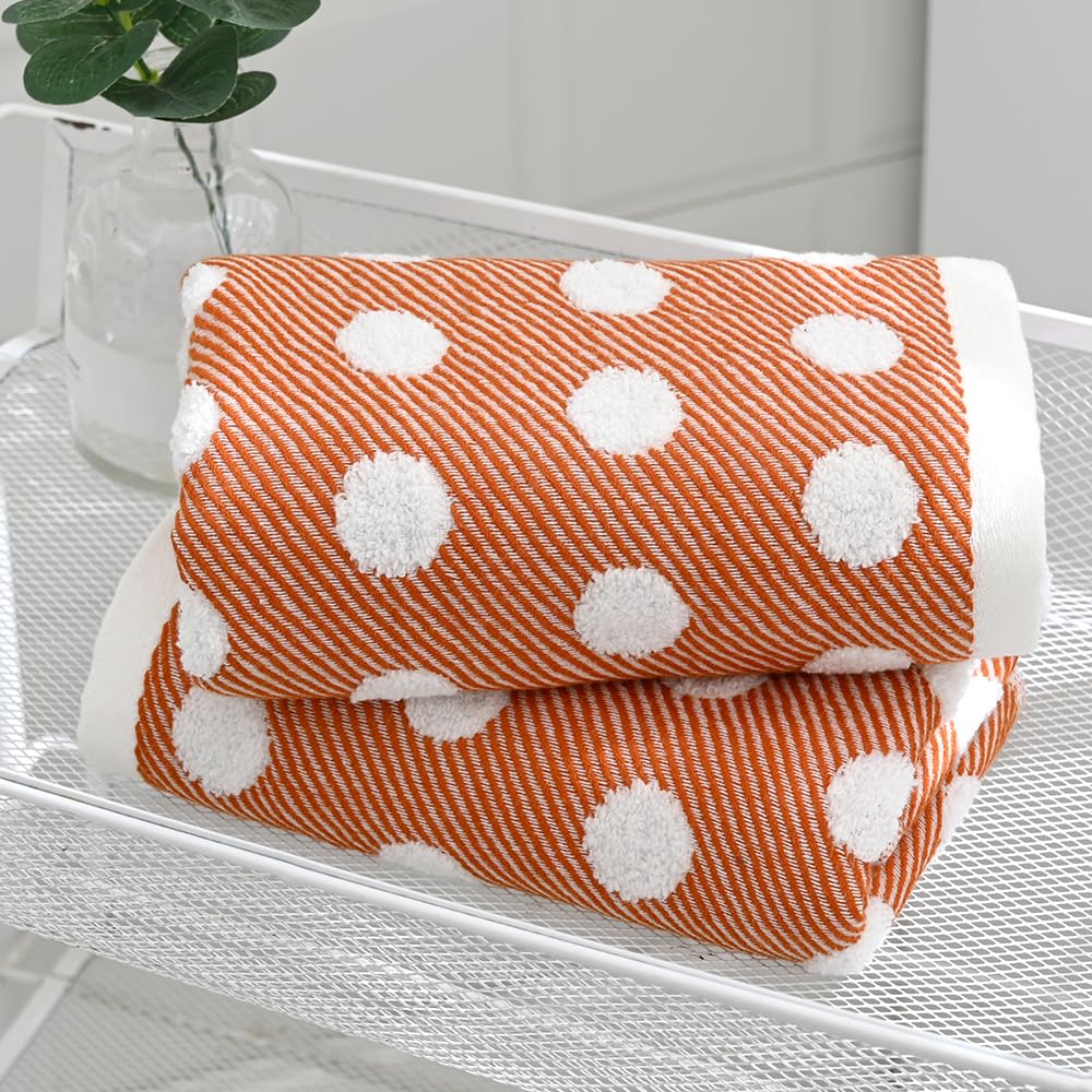 sense gnosis Orange Hand Towel Set of 2 Super Soft 100% Cotton Absorbent Jacquard Striped Pattren Lint Free White Terry Polka Dot Bath Hand Towels