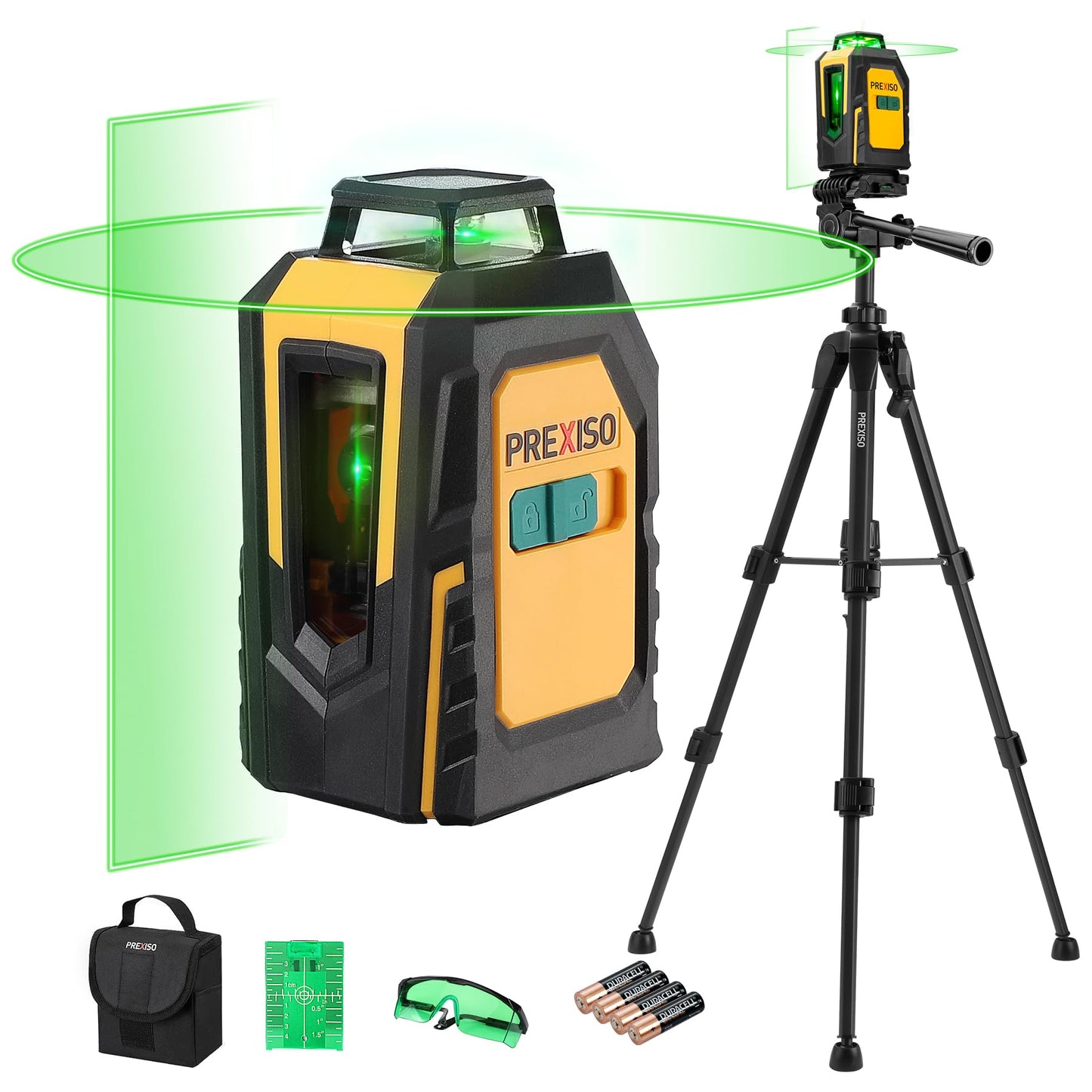 PREXISO Laser Level with Tripod, 30M Self Leveling Line Laser with Horizontal & Vertical Green Lines, Target Plate, Green Glasses, 360? Green Cross