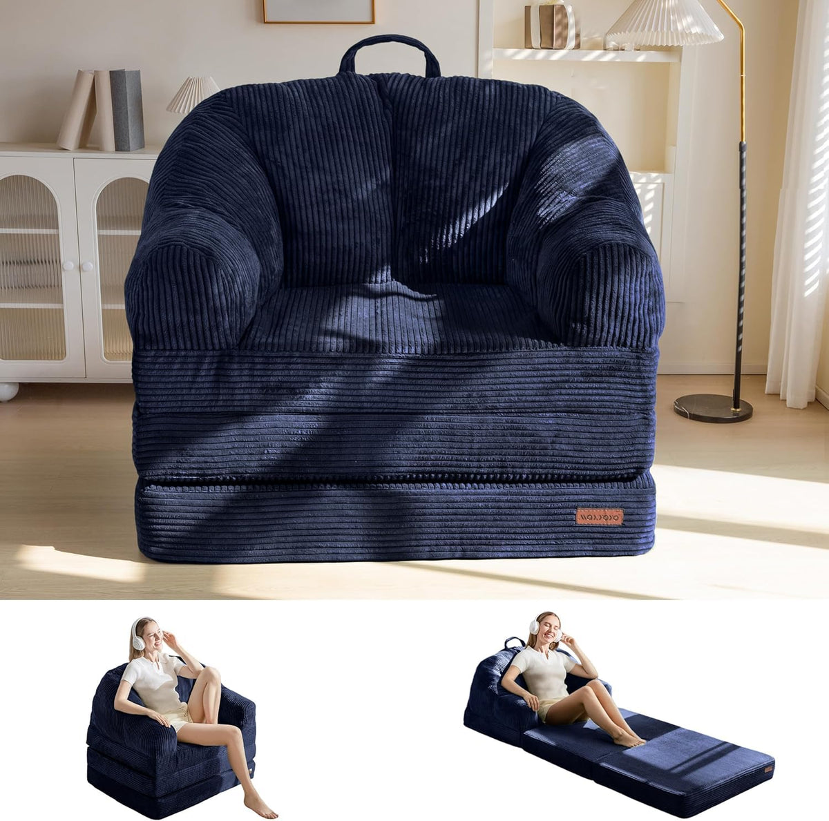 MAXYOYO Folding Sofa Bed with Backrest, Boneless Fold Out Couch Bed with Handle, 2 in 1 Convertible Bean Bag Chair to Floor Sofa Lounger