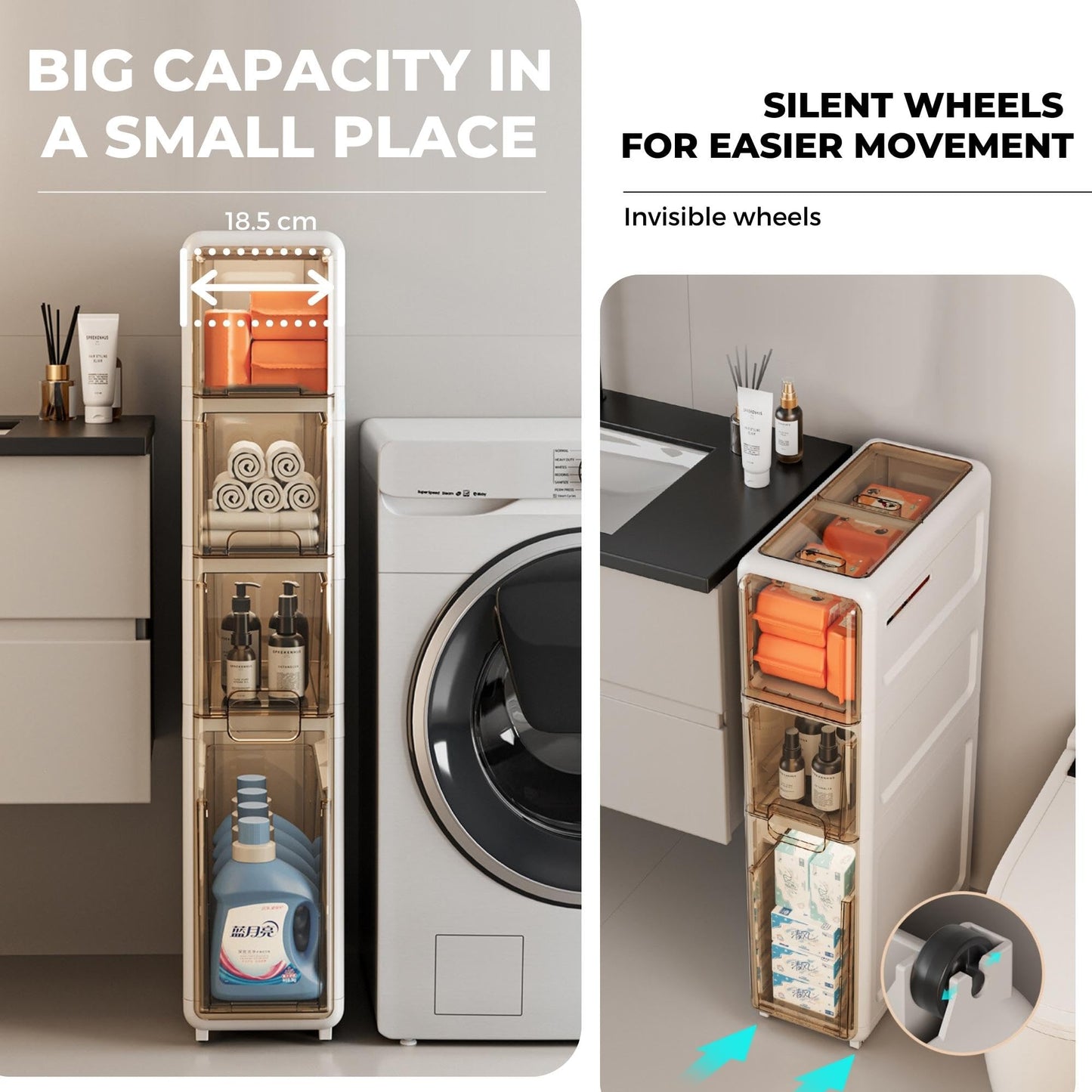 MAGIC SELECT Narrow Bathroom Organizer. Auxiliary Storage Furniture with Wheels for Narrow Places. Compact 4-Drawer Side Cabinet for Toilet Paper