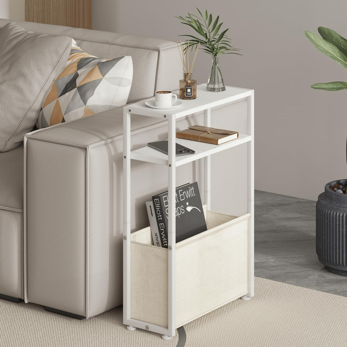 JERX Narrow Side Table with Fabric Basket, End Table for Small Spaces, Slim Side Table with Magazine Rack for Living Room Office Bedroom and Bathroom