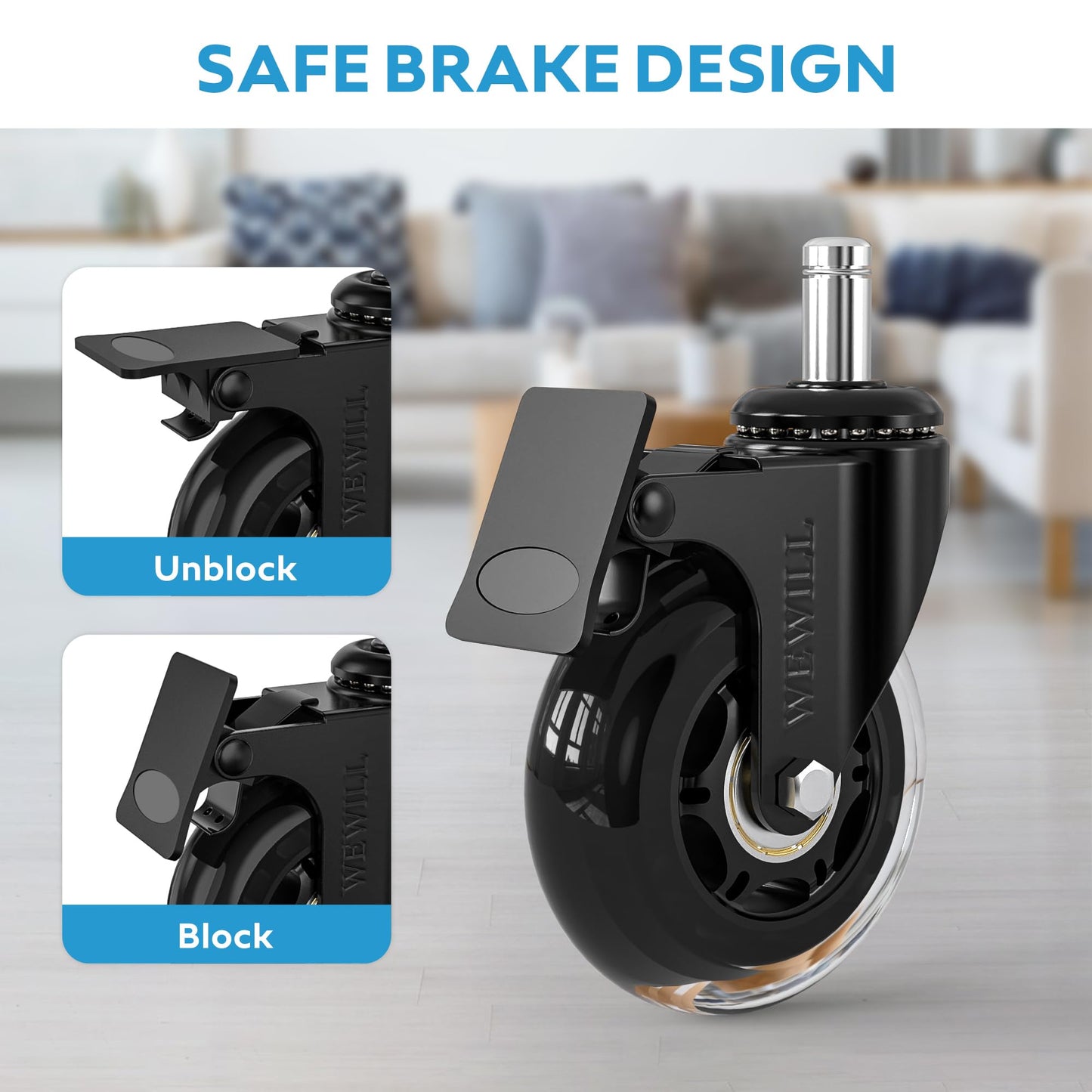 5 x Office Chair Castors with Lock, Office Chair Replacement Castors for Carpet and Parquet, Wear-resistant Heavy Duty Office Chair Castors