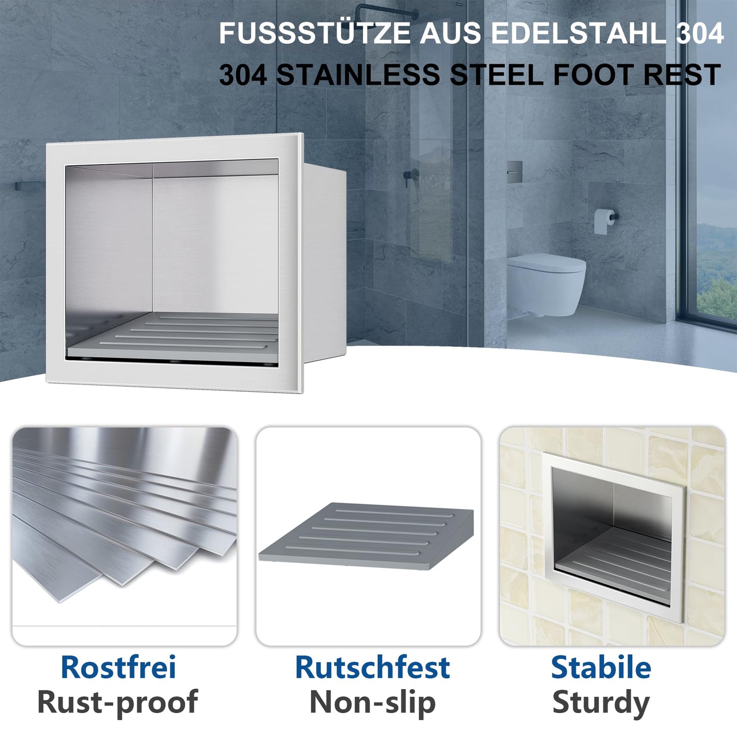Neohomee Footrest Shower Recessed Wall Recess Made of 304 Stainless Steel Recess with Non-Slip Silicone Pads for Shaving Legs