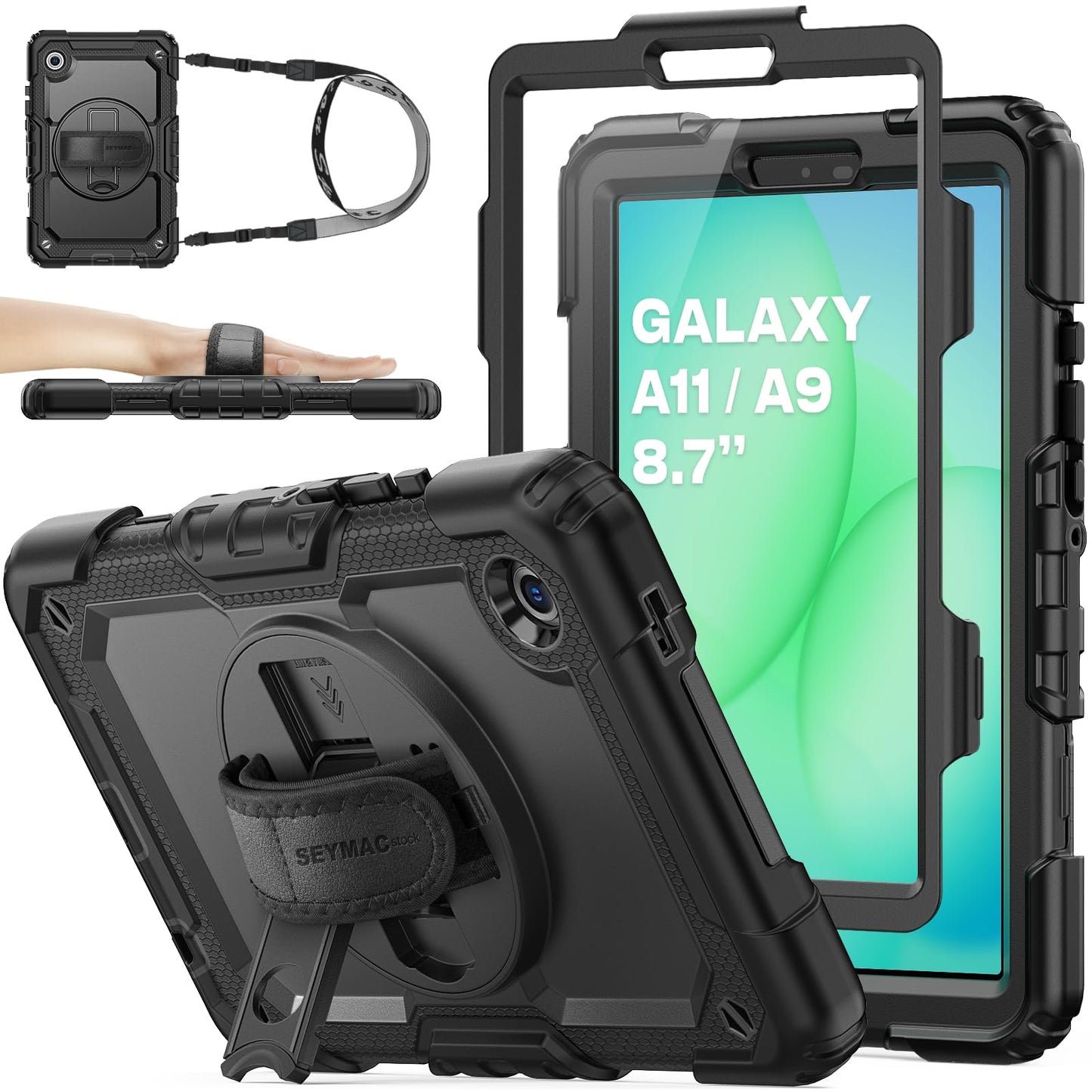 SEYMAC stock Case for Samsung Galaxy Tab A11/A9 8.7 Inch 2025/2023, Full Body Shockproof with Screen Protector, 360? Rotating Stand/Hand Strap for