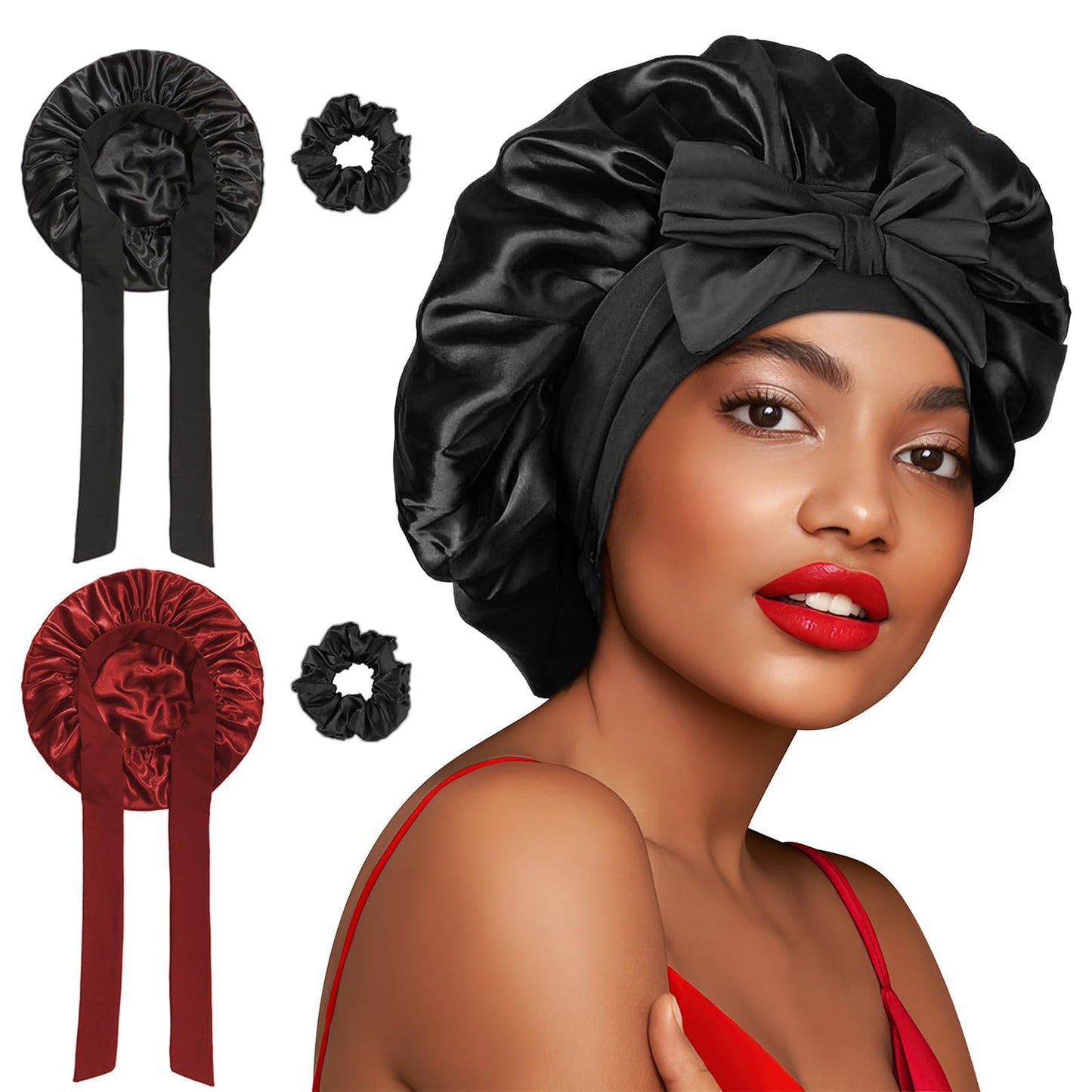 FOLAI Silk Bonnet, Satin Bonnets for Sleeping, 2 PCS Adjustable Silk Bonnet for Women and Hairs Band, for Sleeping, Hairs Bonnets with Tie Band for