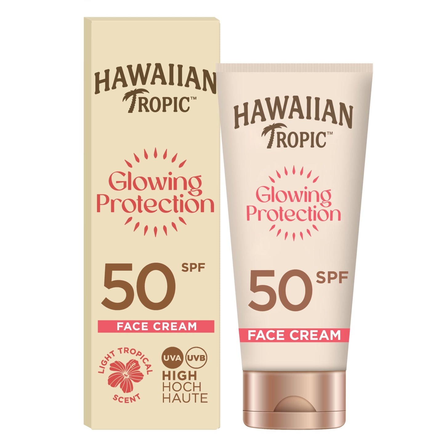 Hawaiian Tropic Glowing Protection Face Cream Lotion, Water Resistant SPF 50 UVA + UVB Protection Suncream, Tropical Scent Sun Lotion with Shea