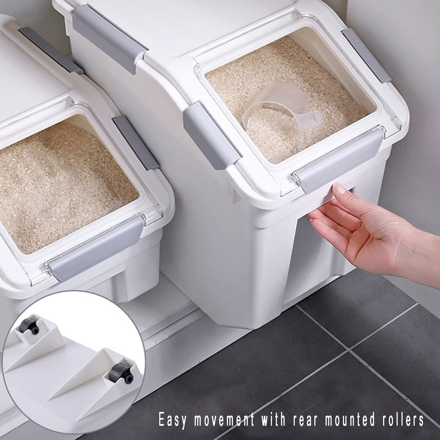 Toolzia 2 Pcs Rice Dispenser 10kg, Airtight Rice Storage Container Dry Food Dispenser Large Sealed Grain Containe (Grey)
