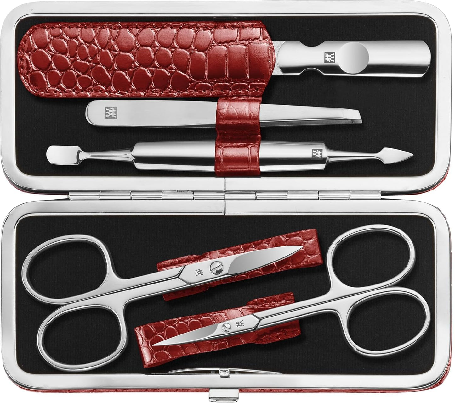 ZWILLING Manicure Set (5 Pieces, for Care of Fingernails and Toenails, Genuine Leather Case with Metal Frame), Polished Stainless Steel, Crocodile