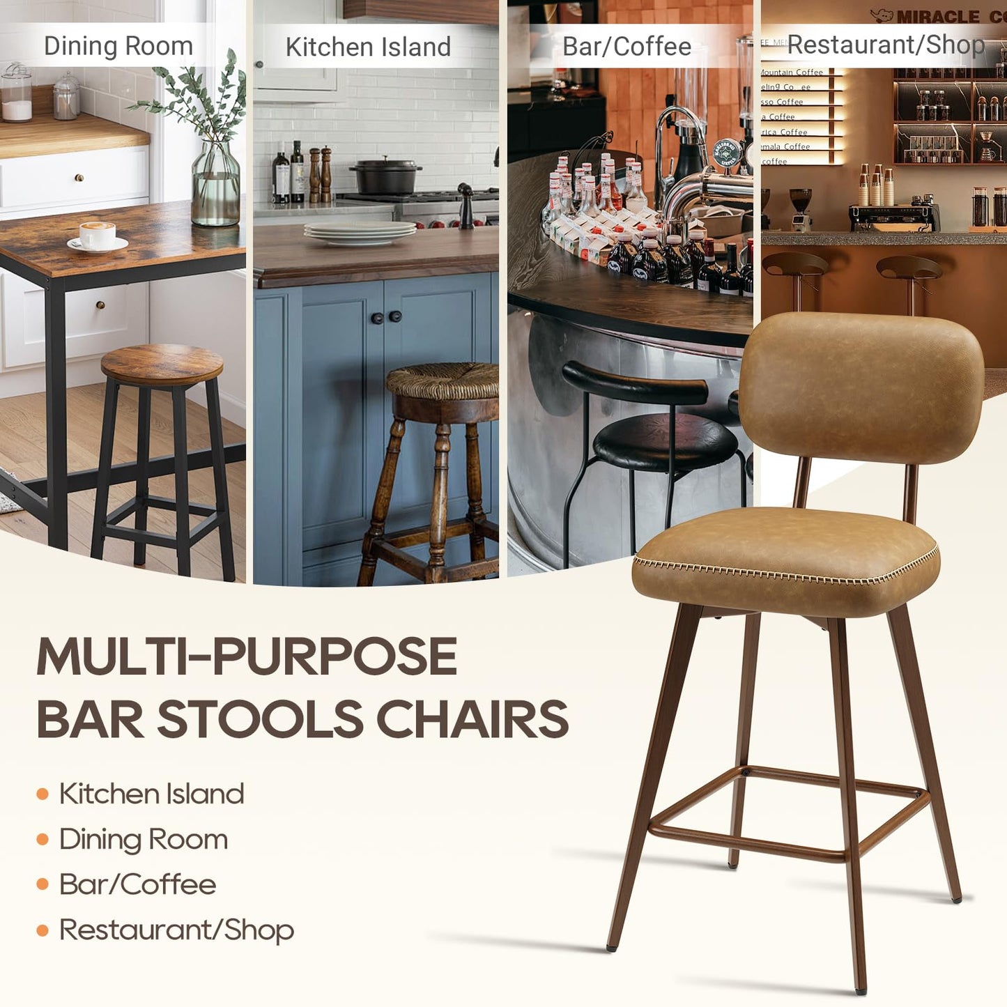MALOL PU Leather Breakfast Bar Stools Set of 6, Swivel Kitchen Bar Chairs with Backrest and Metal Legs