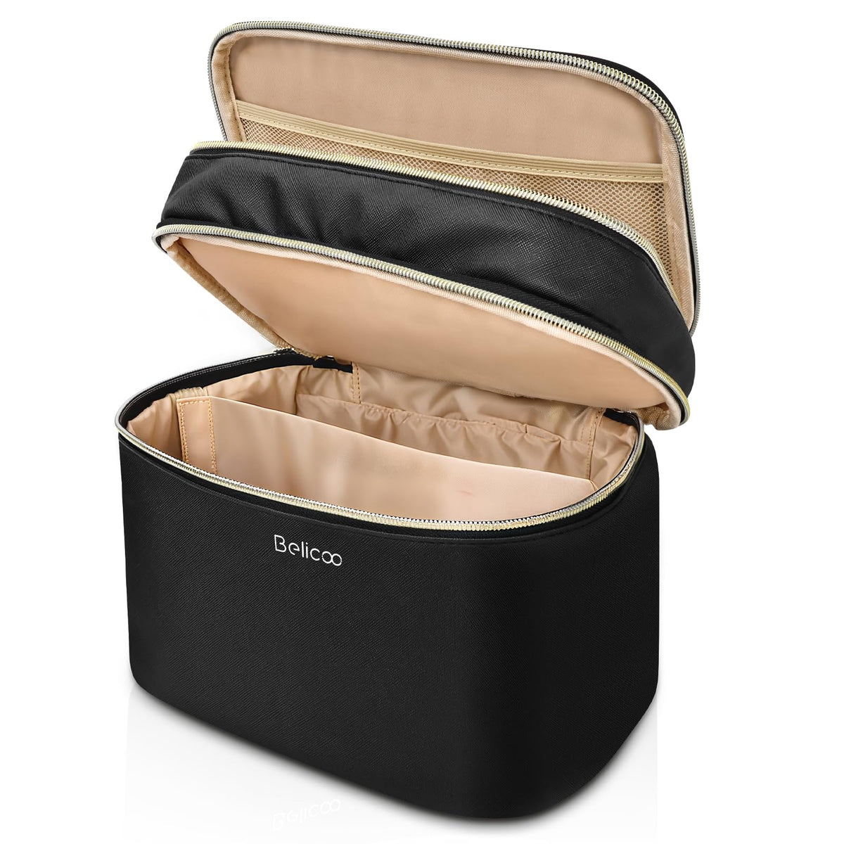 BELICOO Make up Bag, Large Double-Layer Travel Makeup Bag with Mirror, Removable Divider & Brush Compartment, Waterproof PU Leather Cosmetic Bags for