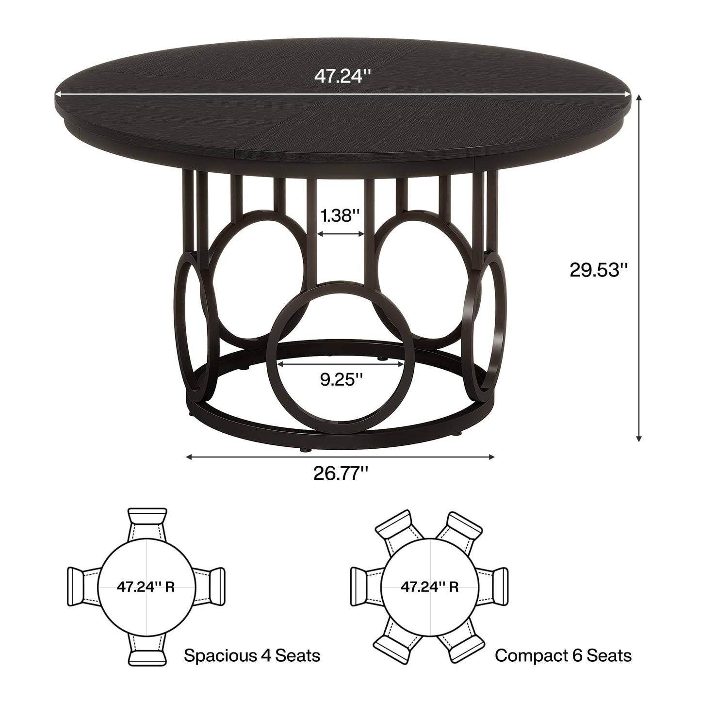 Tribesigns 47-Inch Round Dining Table, Wood Kitchen Table with Sturdy Metal Base for 4-6 People, Large Circle Dinner Table for Dining Room, Kitchen