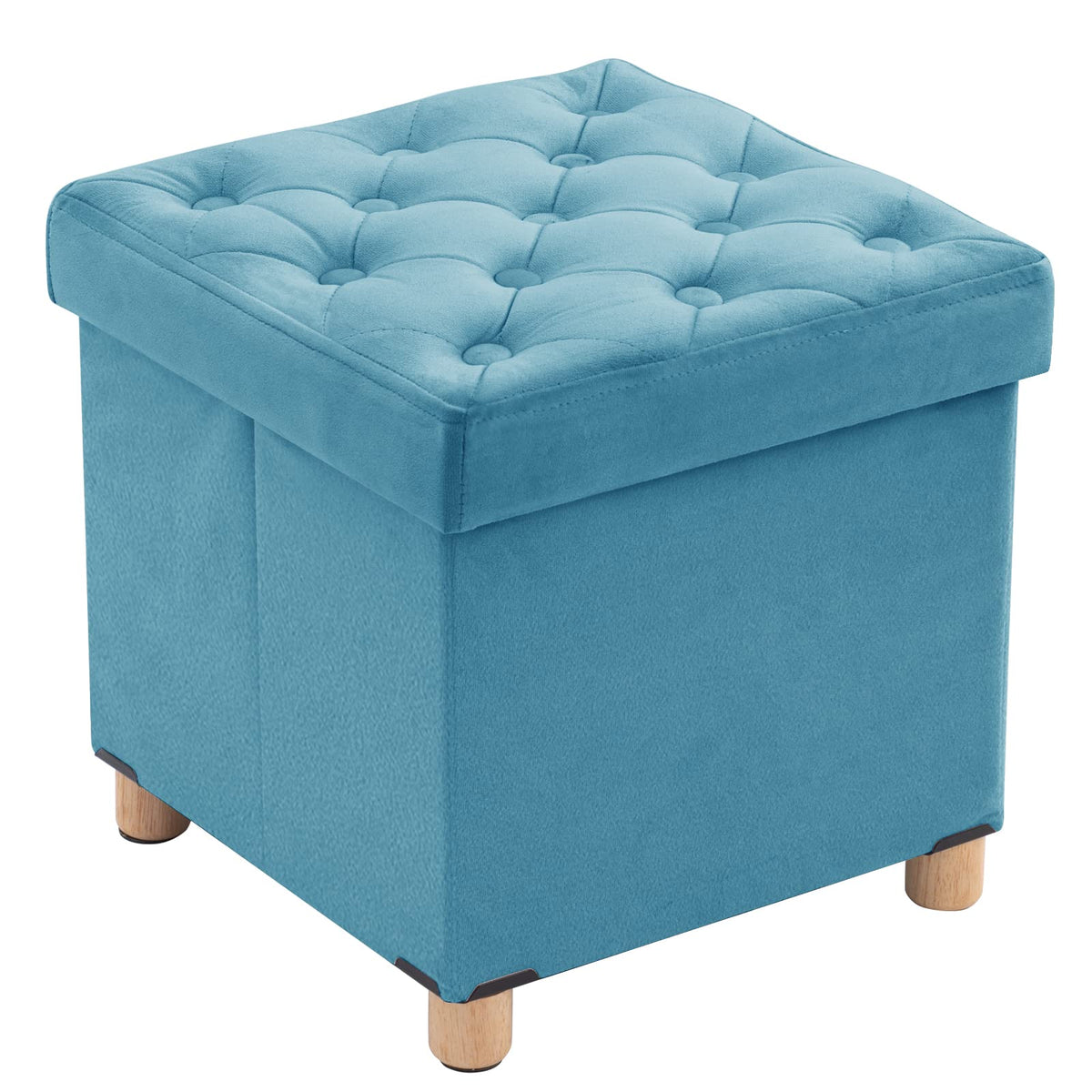 BRIAN & DANY Folding Storage Ottoman with Wood Legs, Velvet Footstools Cube for Living Room and Bedroom, 40x 40x 40 cm, Teal