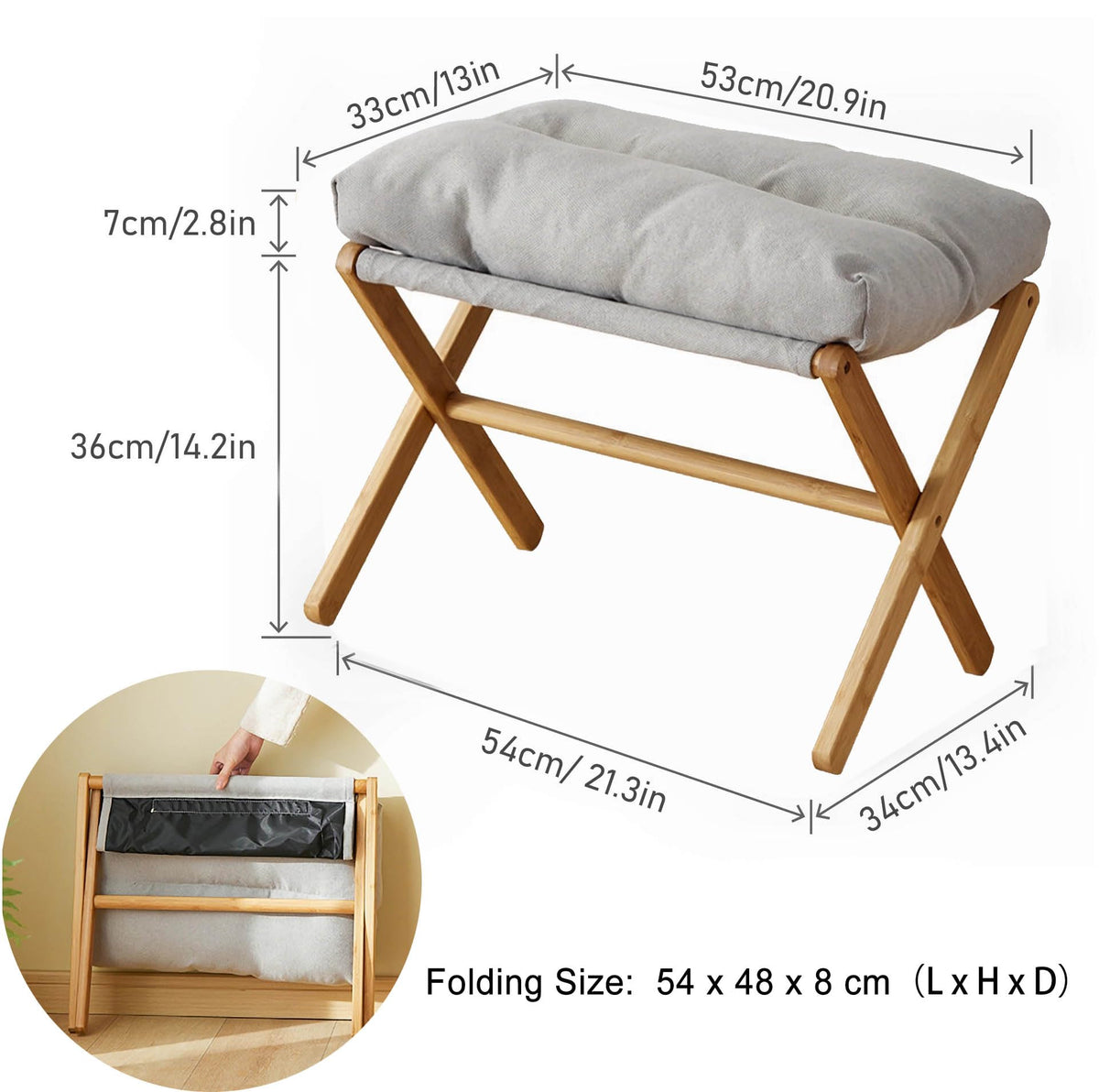 Nisorpa Foldable Foot Rest Stool Folding Footrest for Sofa Ottomans, Bamboo Footrest Soft Padded Cushioned Foot Ottoman Portable Leg Rest for Sofa