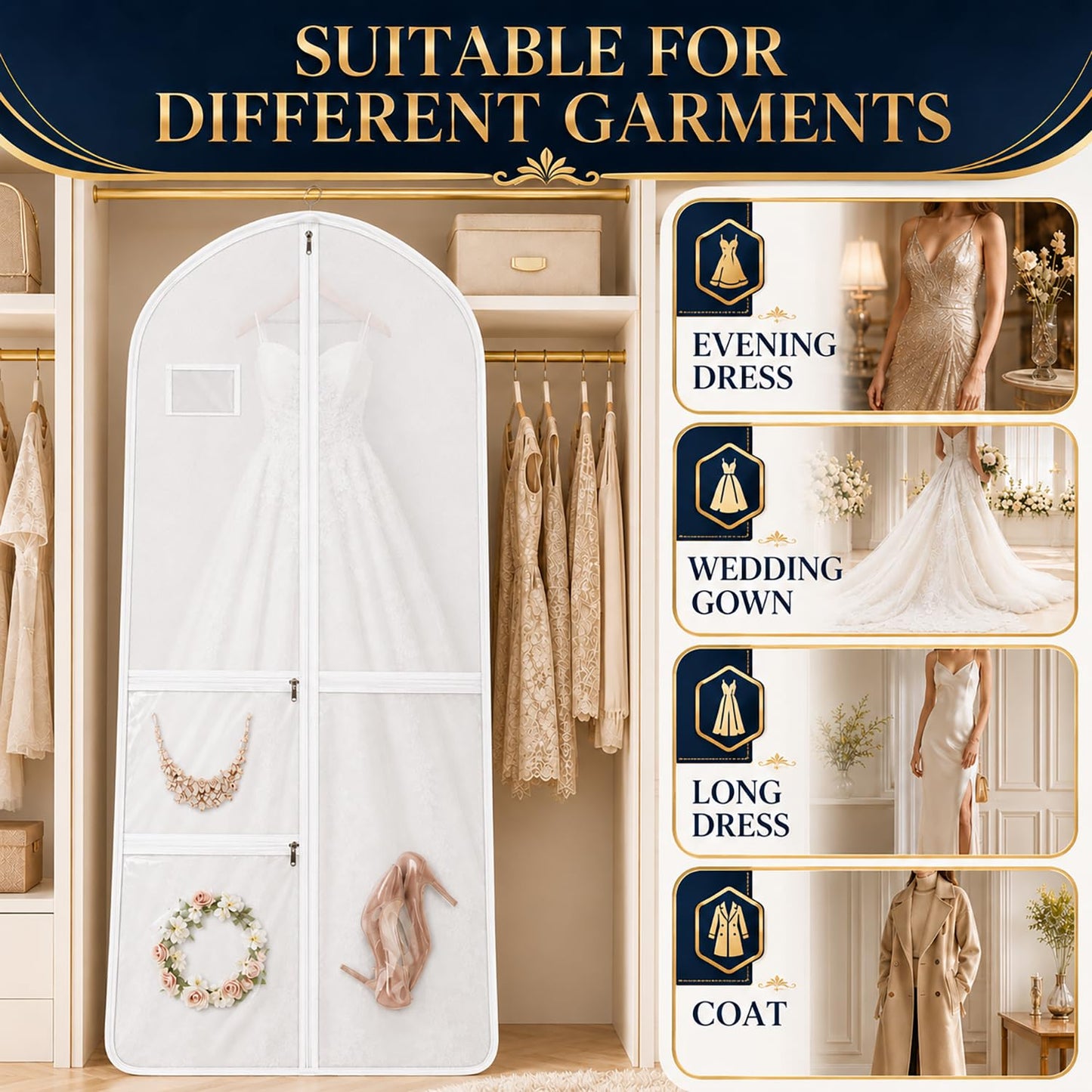 Wedding Dress Bag Covers, URMI Heavy Duty 180 x 60 x 26cm Bridal Gown Cover with 3 Clear PVC Pockets, Long Garment Bag with Handles for Wedding Gown