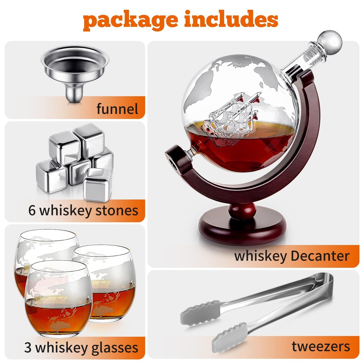 Whiskey Decanter and Glass Set,Globe Decanter,Whiskey Decanter Set,Decanter and Glasses Set,Whisky Decanter for Men,Whiskey Gift Sets for Men,Includes