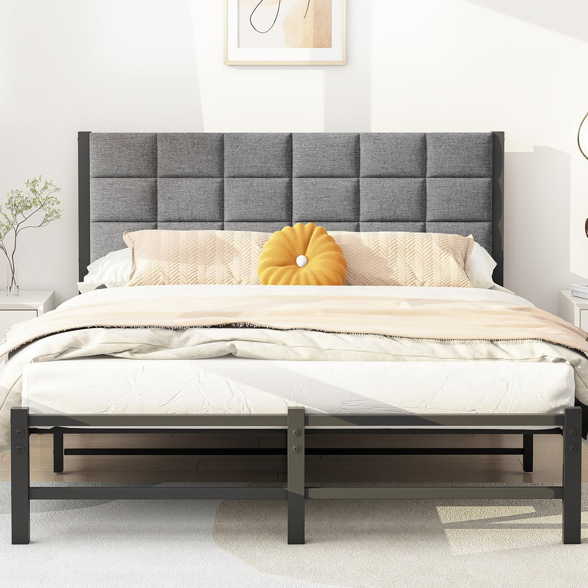 JUISSANO 5ft King Size Bed Frame with Headboard,Upholstered Platform Bed Frame King Size,Mattress Base,Strong Metal Slat Support,No Box Spring