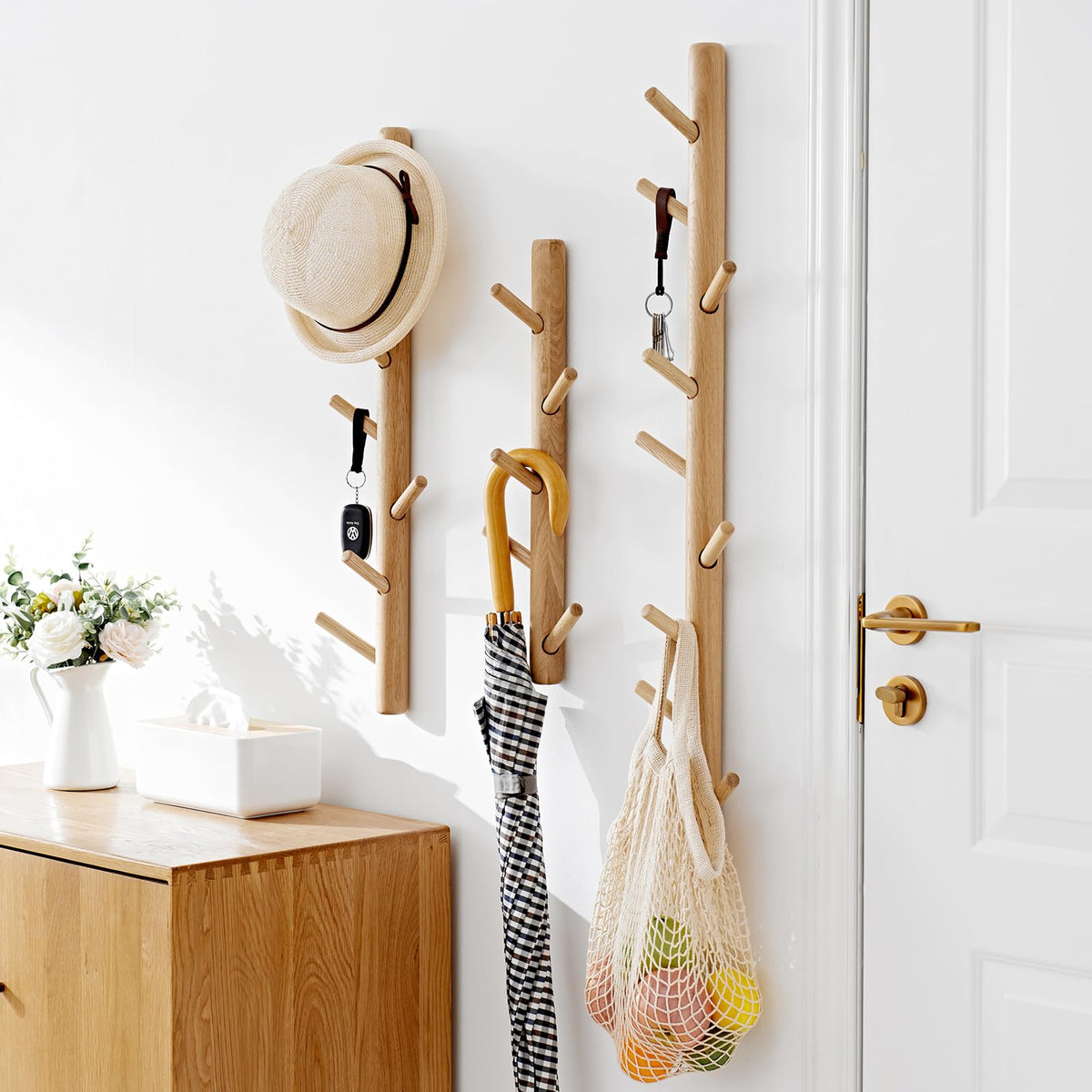 OAKERLAND Wooden Coat Rack Wall Mounted, 50cm Oak Floating Hooks for Jackets, Bag, Scarves, Handbags, 5 Hooks Branch Shape Coat Rack for Entryway