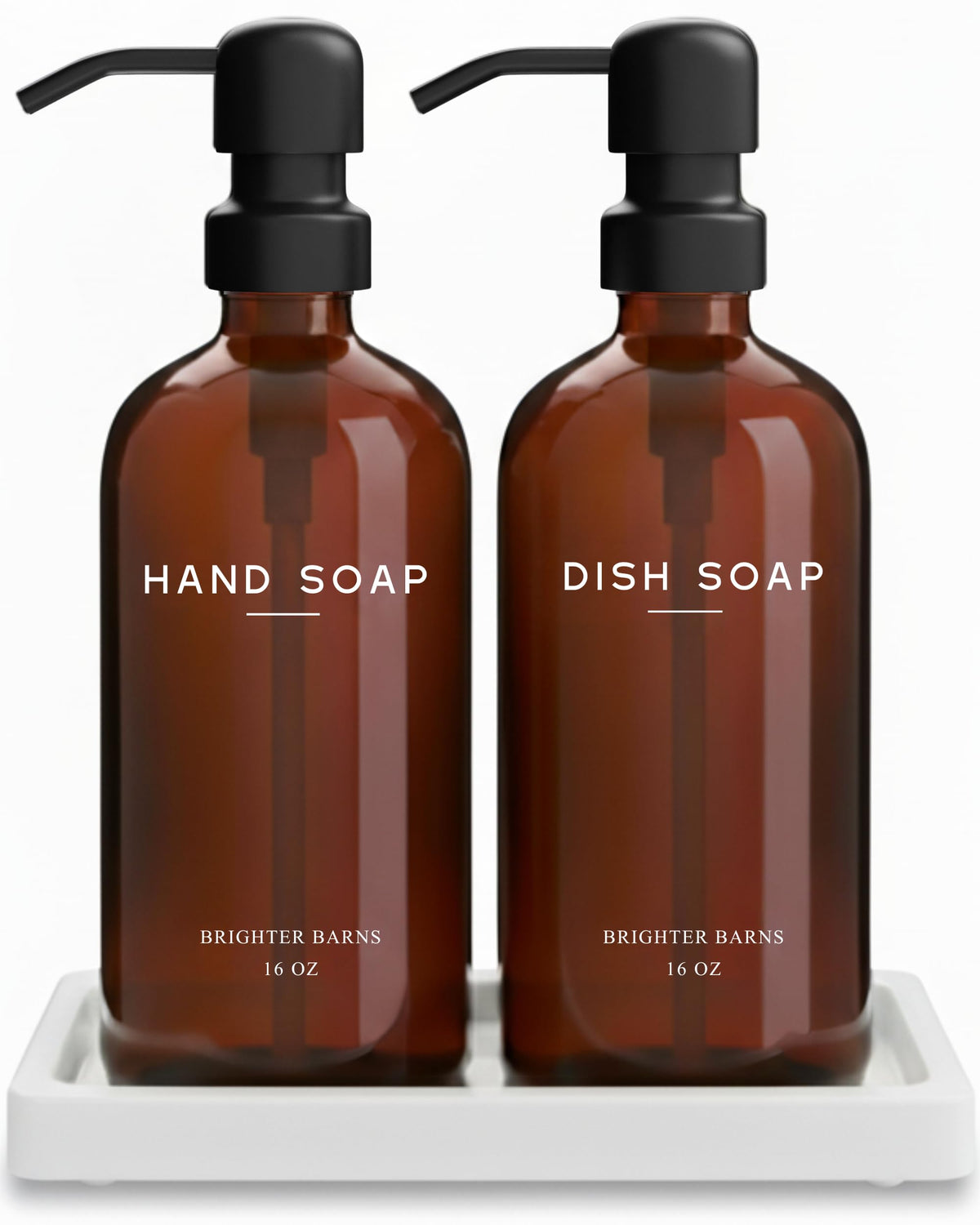 Amber Glass Hand and Dish Soap Dispenser Set by Brighter Barns - Kitchen Soap Dispenser Set with Tray - Farmhouse Soap Dispenser for Kitchen Sink -