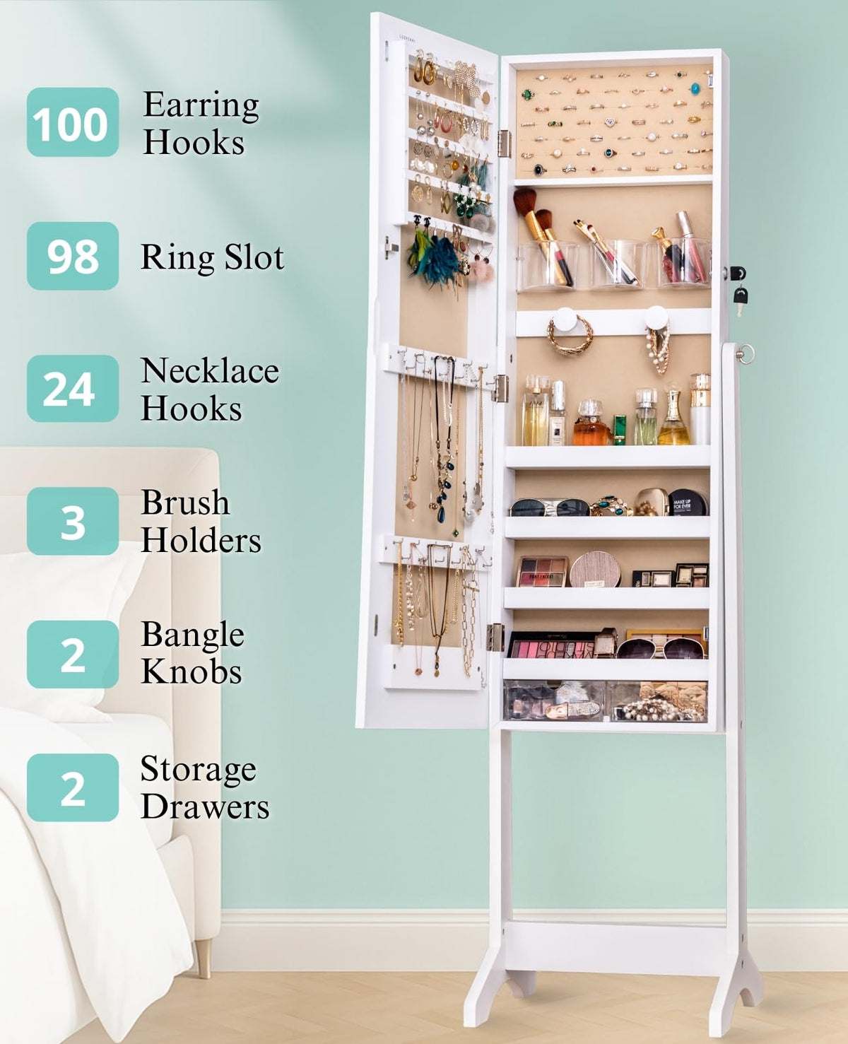 LUXFURNI Standing Jewelry Armoire Cabinet with Full‑Length Mirror Storage