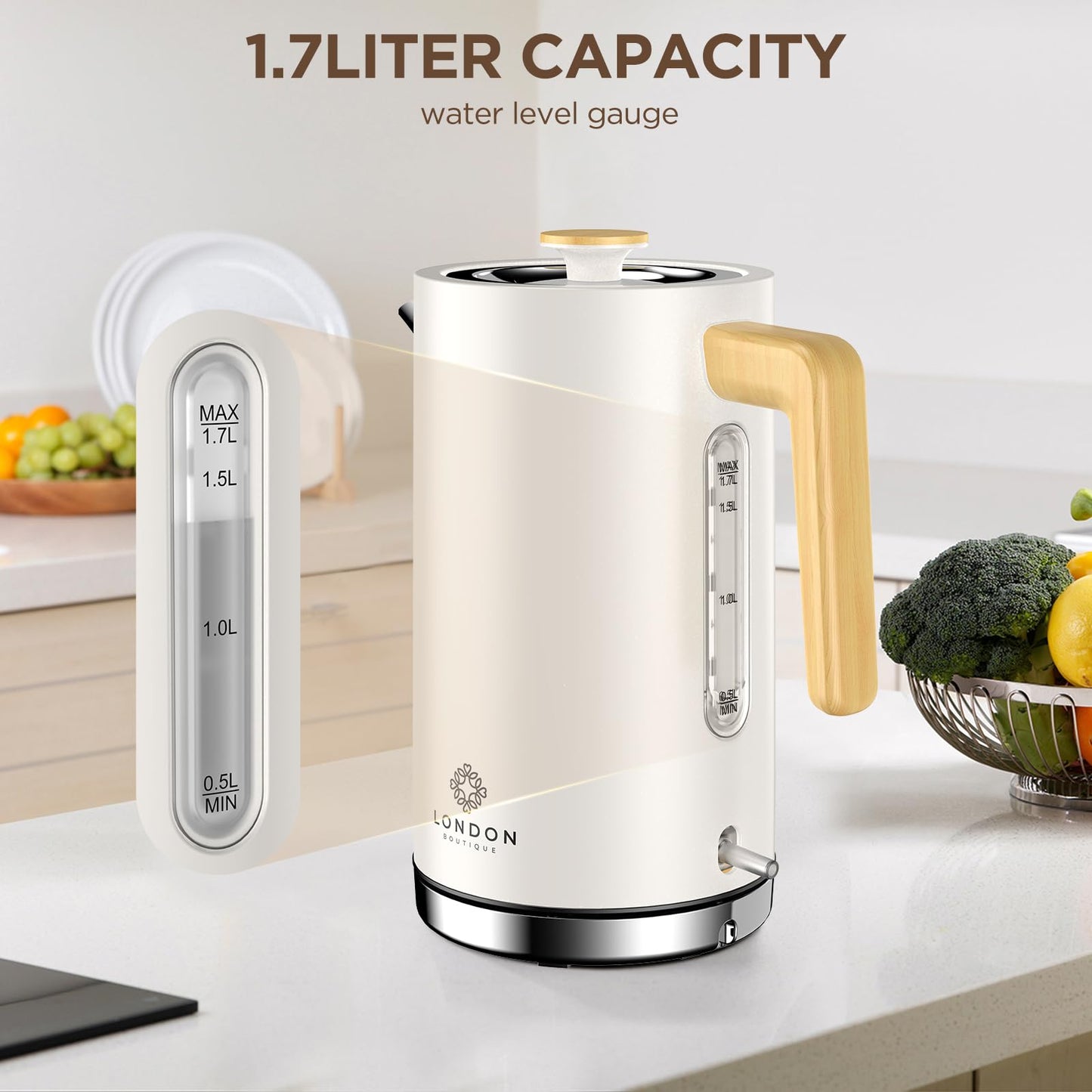 London Boutique Electric Kettle, Stainless Steel kettles Electric, Cordless Fast Boil Electric kettle with Wood Effect, Boil Dry Protection,