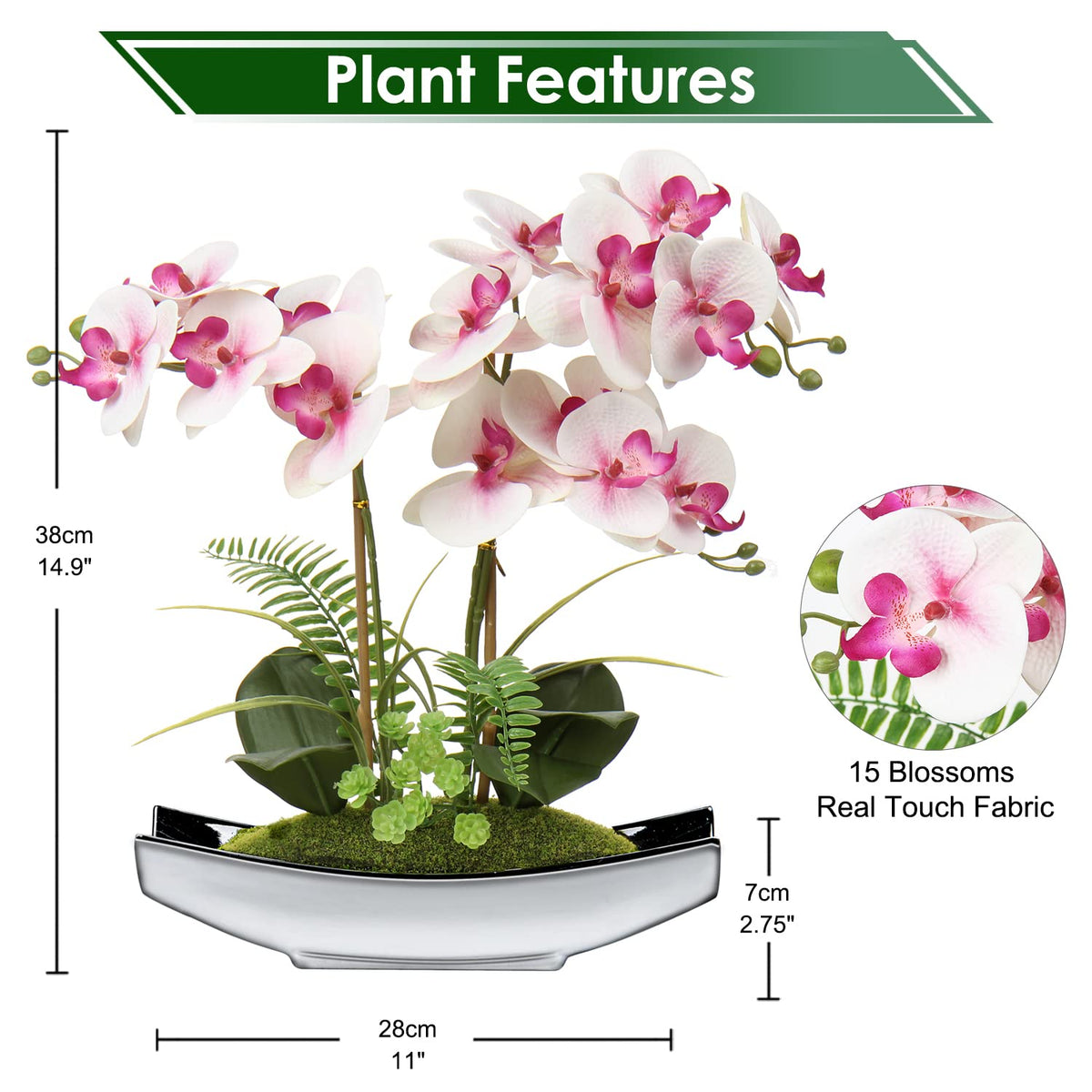 Briful 15" Artificial Phalaenopsis Flowers Arrangement Artificial Orchid Bonsai in Silver Pot Fake Flowers Silk Orchid Flower for Table Centerpieces